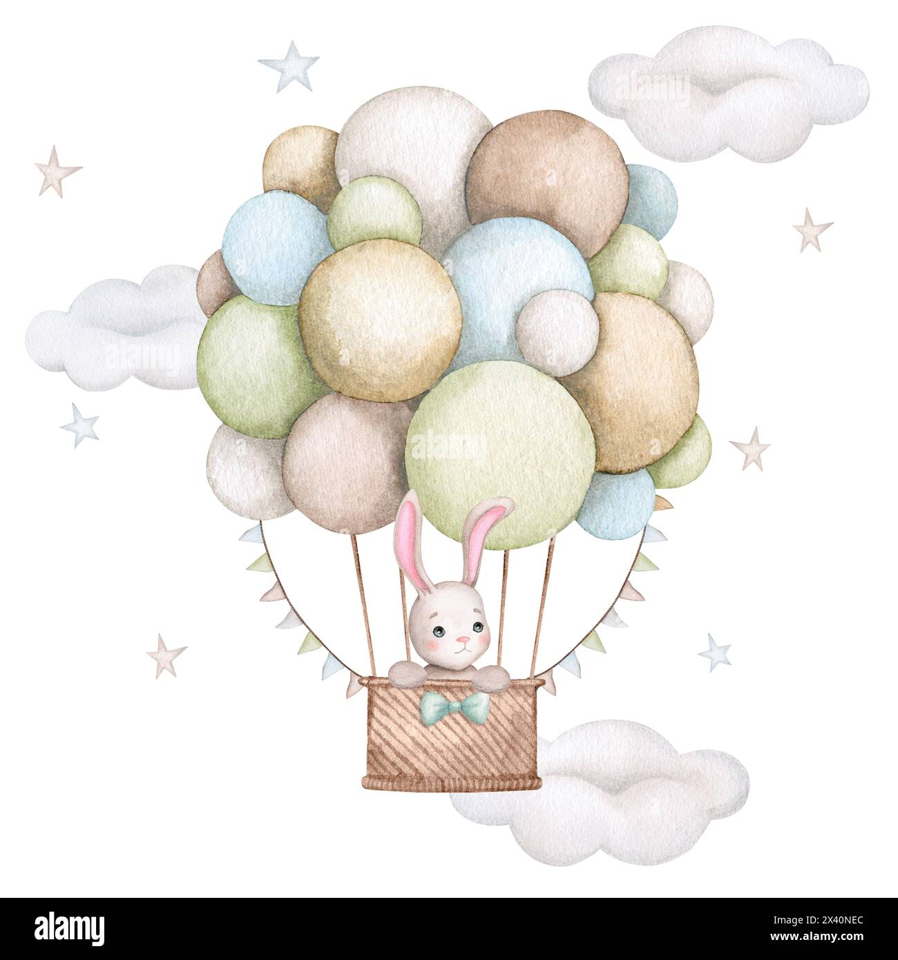 Baby-Hase in einem Heißluftballon. Junge. Aquarellillustration für Kinder. Geburtstag, Babyparty, Kinderparty. Designelement für Karten, Poster, Stockfoto