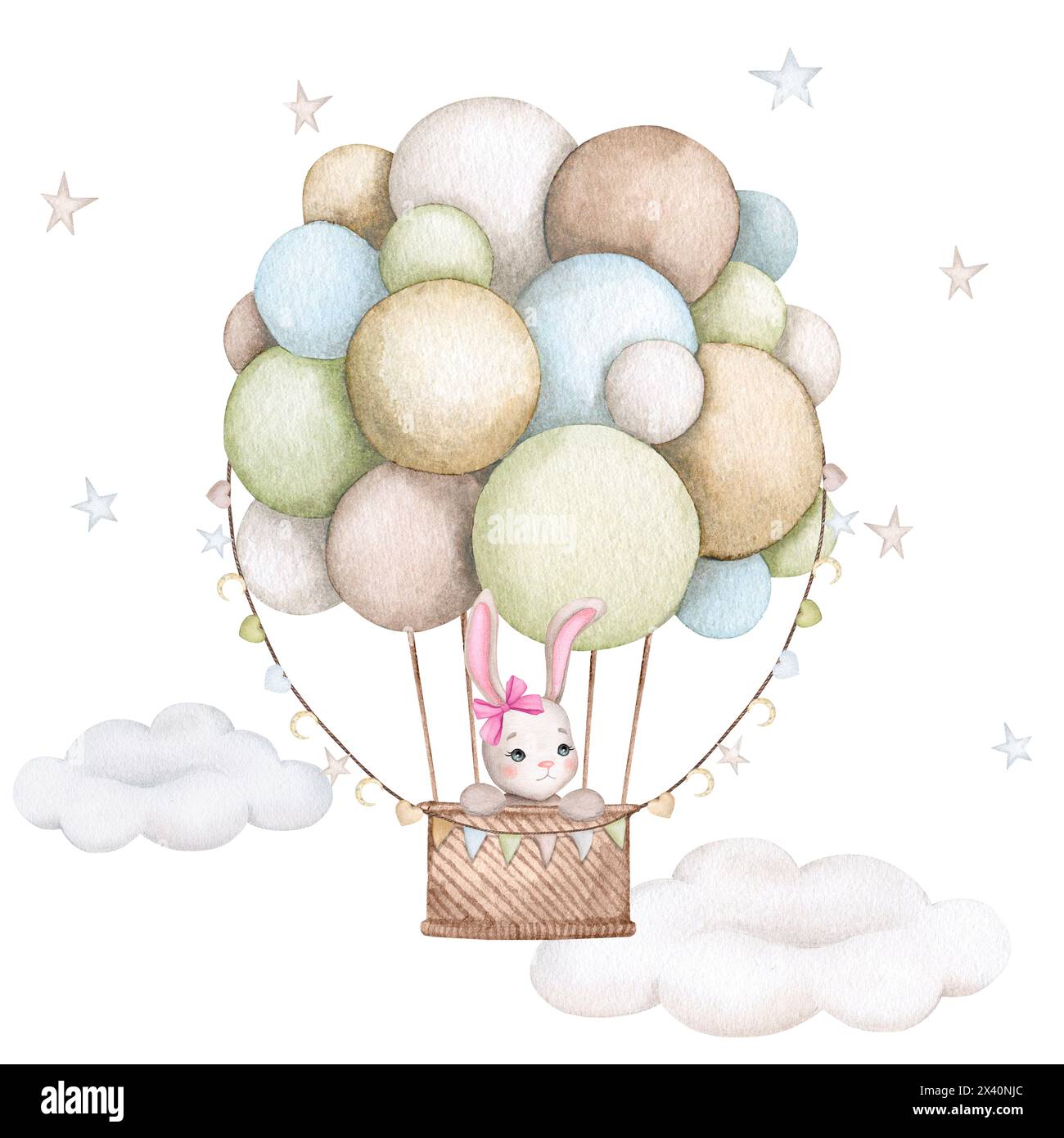 Baby-Hase in einem Heißluftballon. Mädchen. Aquarellillustration für Kinder. Geburtstag, Babyparty, Kinderparty. Designelement für Karten, Poster, Stockfoto