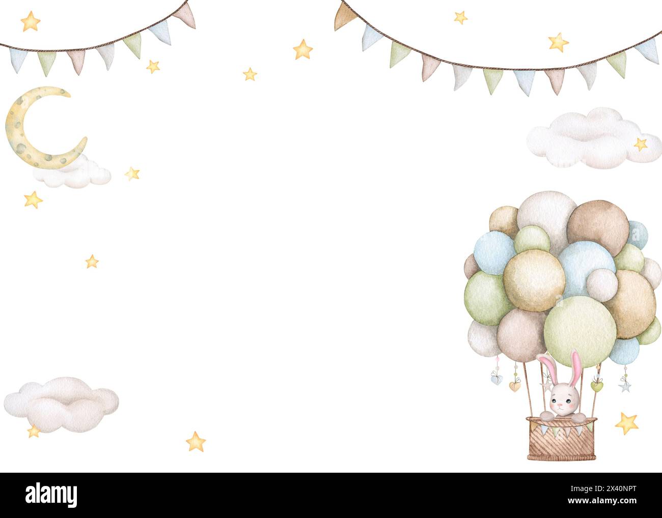 Baby-Hase. Junge, Mädchen. Aquarellrahmen, Hintergrund für Geburtstag, Geschlechterparty, Babydusche, Kinderparty. Kinderillustration in Pastellfarbe Stockfoto