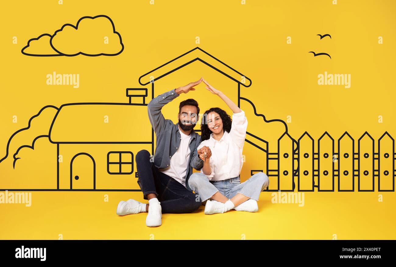 Lächelndes Paar, das das Dach über dem Kopf vor dem illustrierten Haus bildet Stockfoto