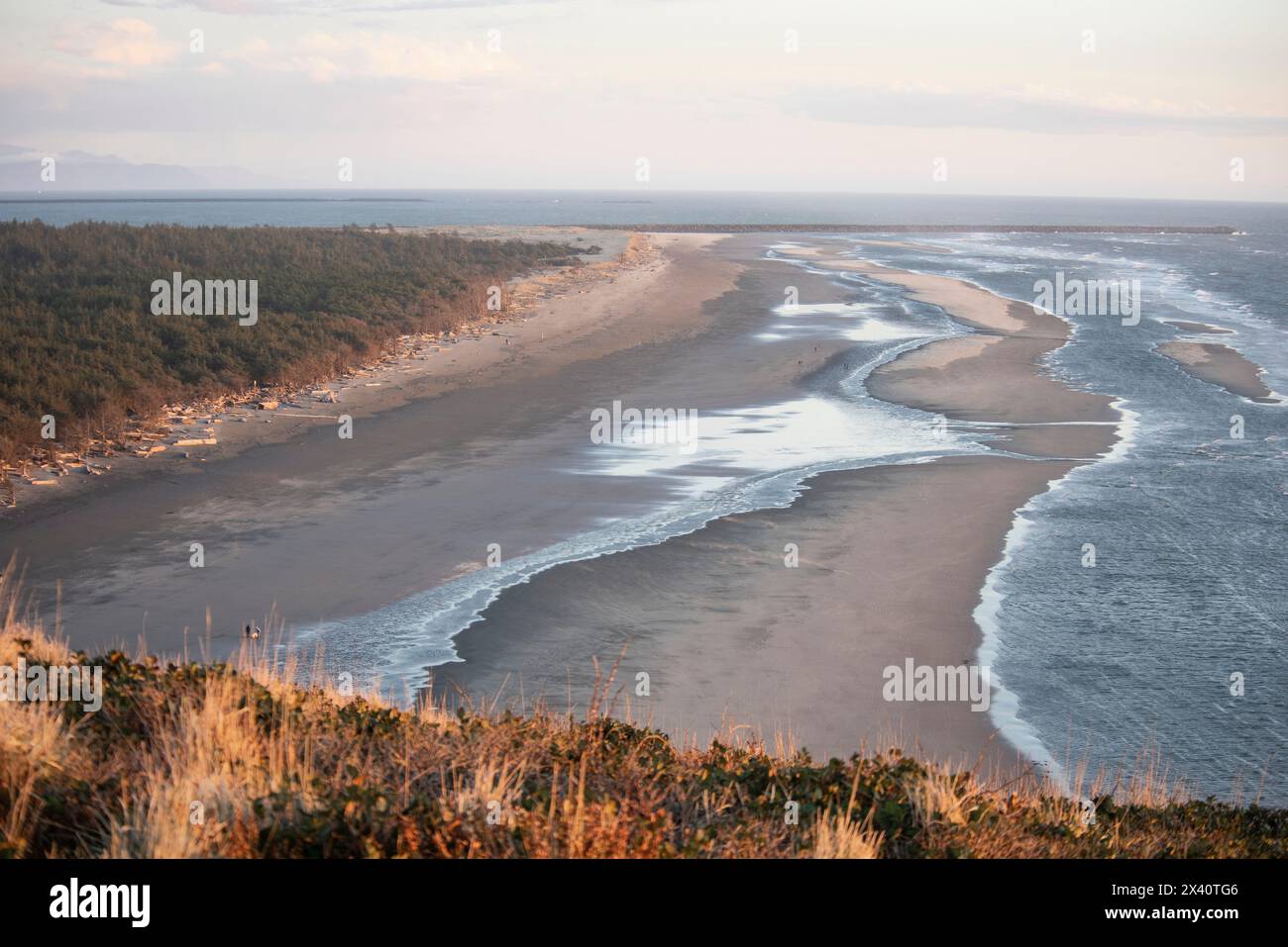 Vom North Head Light House in Cape Enttäuschung State Parc aus blickt man den Strand entlang am North Jetty an der Mündung des Columbia River nach Süden... Stockfoto