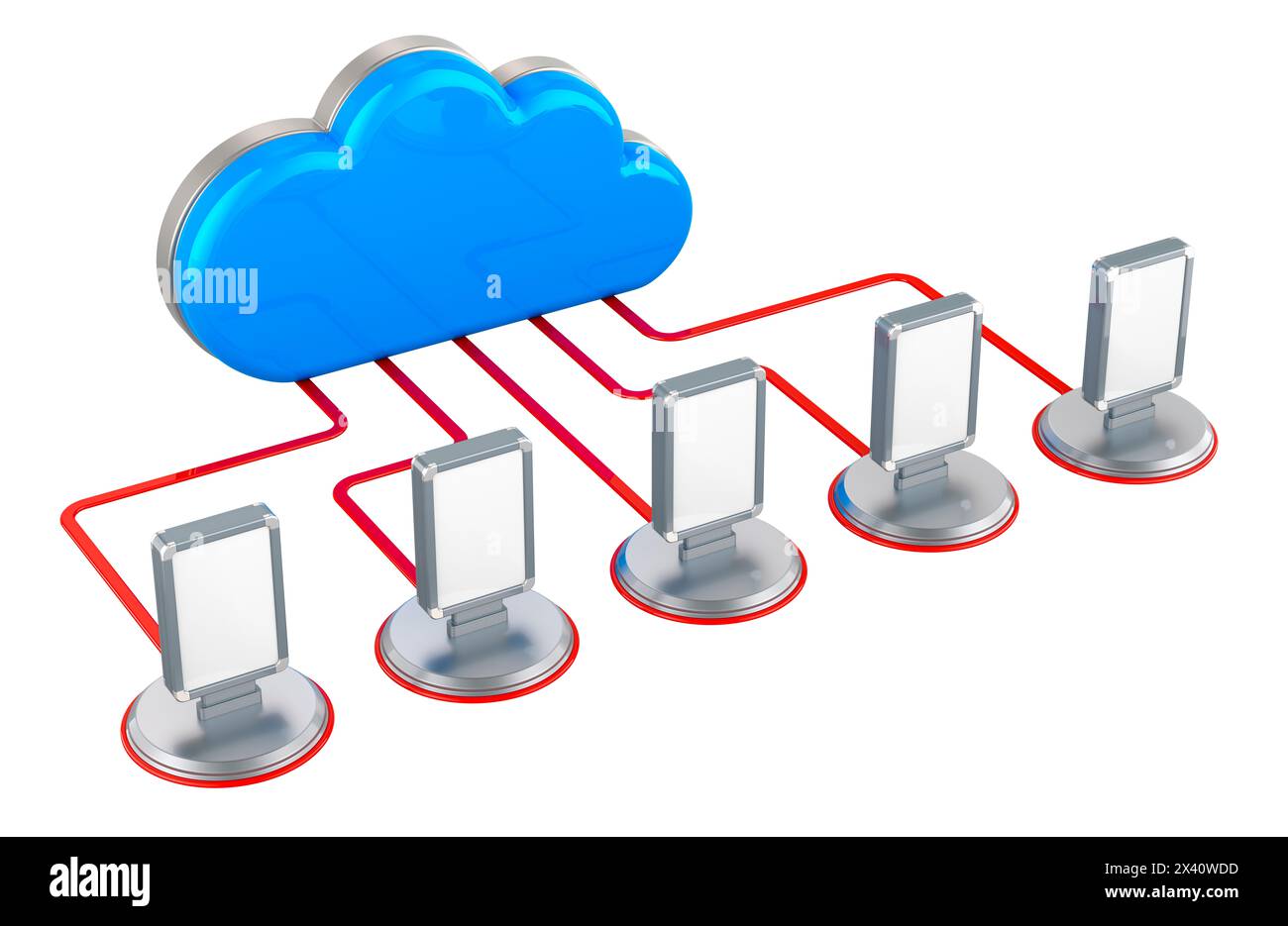 Lichtboxen für den Außenbereich, verbunden mit der Computer-Cloud, Steuerung von Werbetafeln. 3D-Rendering isoliert auf weißem Hintergrund Stockfoto