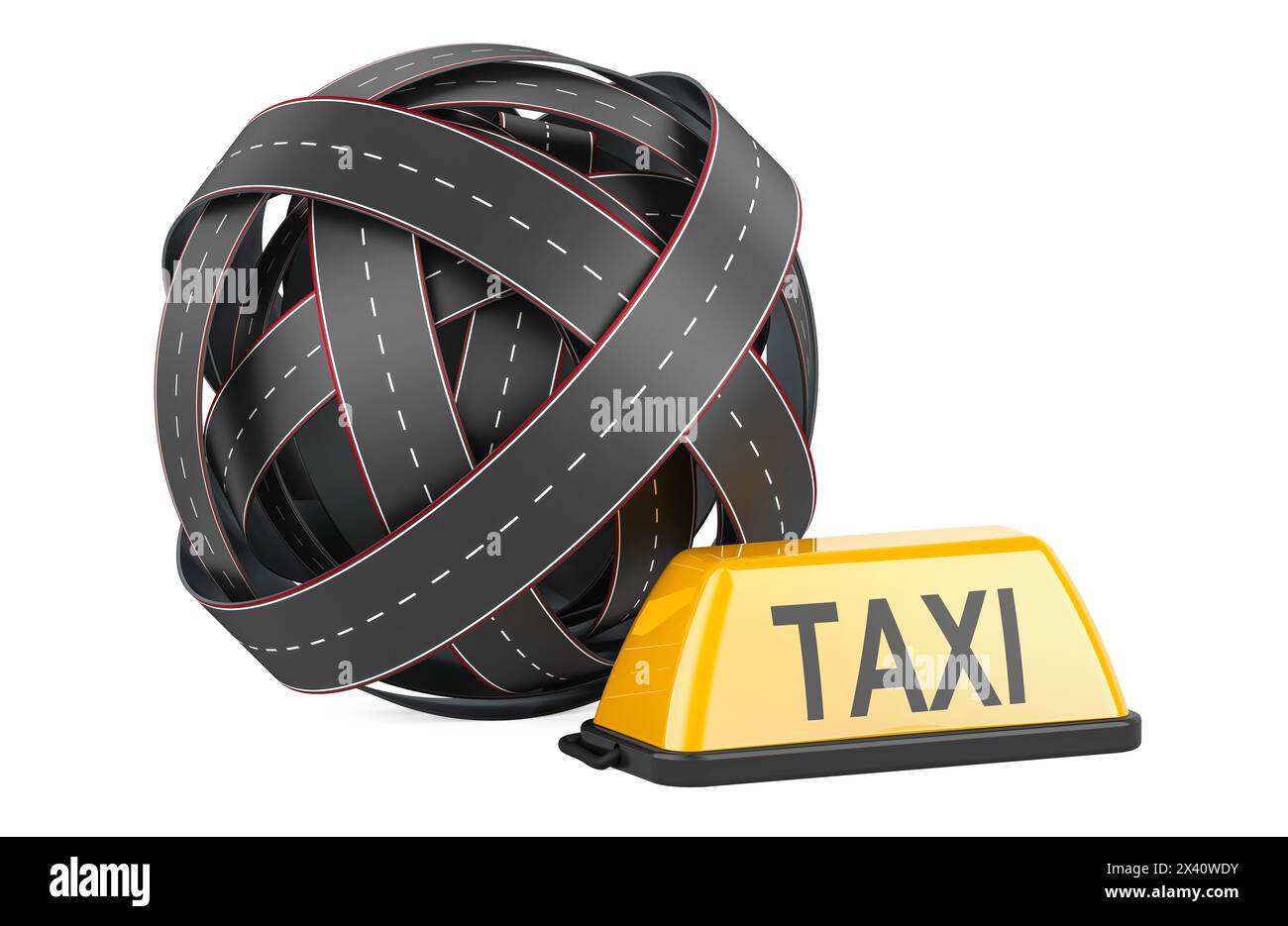 Straßenknoten mit Taxi-Auto-Schild. 3D-Rendering isoliert auf weißem Hintergrund Stockfoto