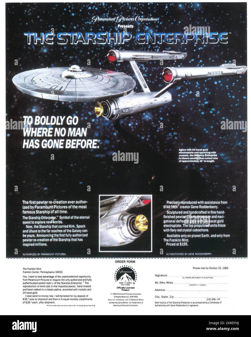 1989 Die Franklin Mint Ad - Star Trek Raumschiff Enterprise Stockfoto