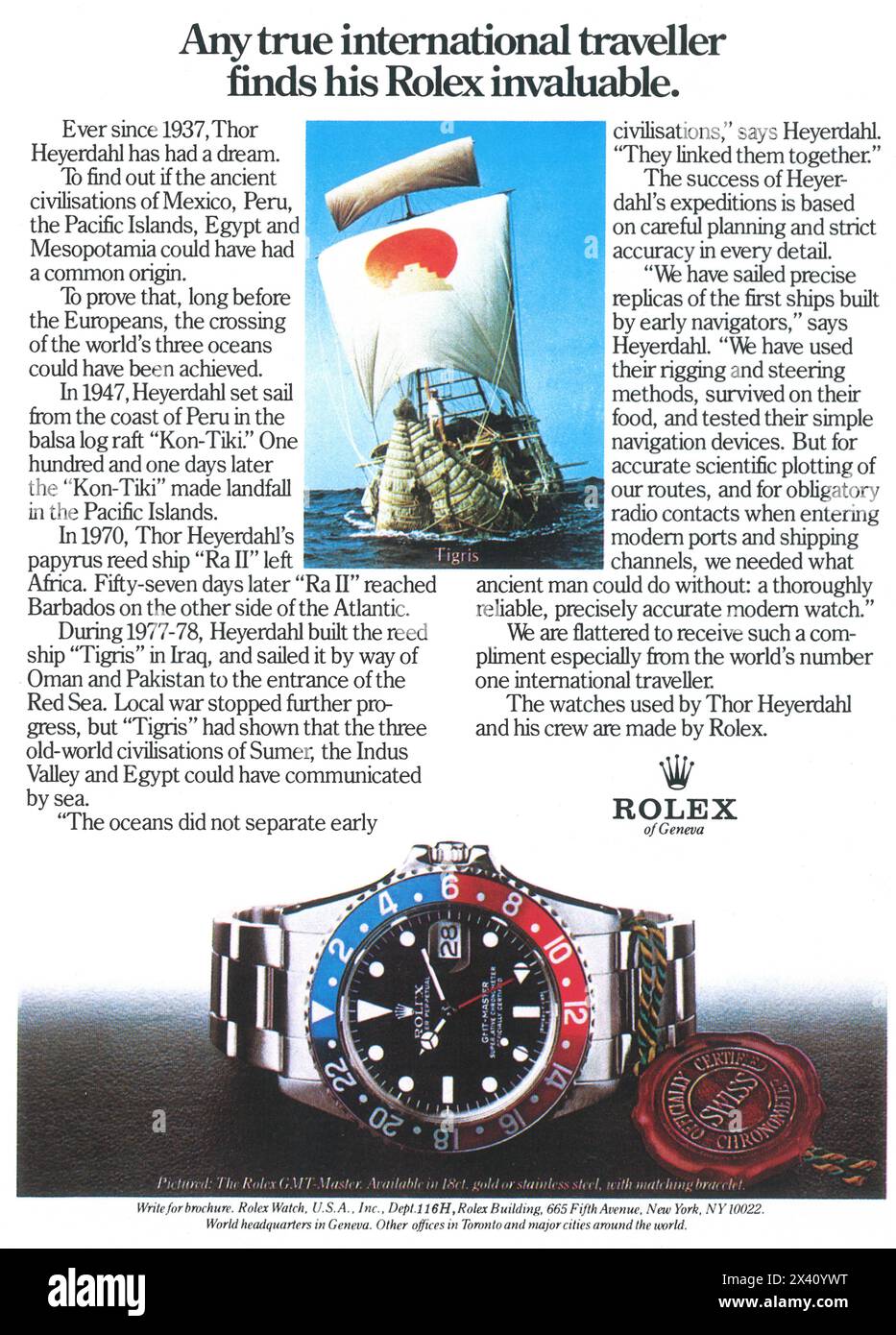 1980 Rolex GMT Master Werbespot - Thor Heyerdahl Kon-Tiki - "jeder echte internationale Reisende findet seine Rolex unschätzbar." Stockfoto 1980 Rolex GMT Master Werbespot - Thor Heyerdahl Kon-Tiki - "jeder echte internationale Reisende findet seine Rolex unschätzbar." Stockfoto