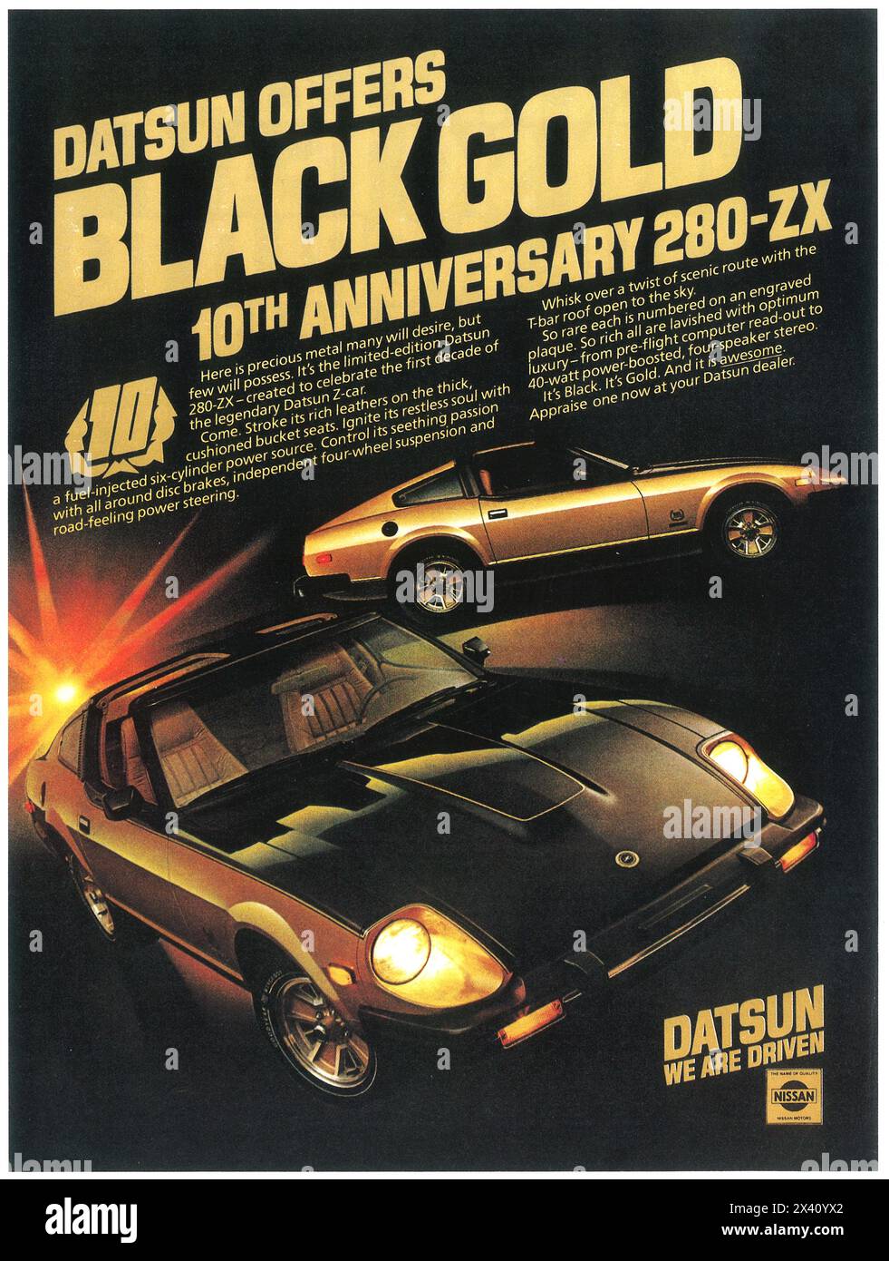 1980 Nissan Datsun 280ZX Sportswagenwerbung – „Datsun bietet Black Gold“. Stockfoto