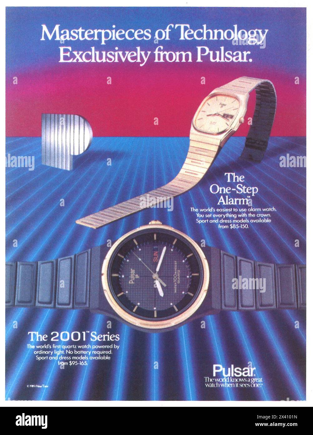 Anzeige der Pulsar Watch 2001 Serie 1985 – Meisterwerke der Technologie Stockfoto