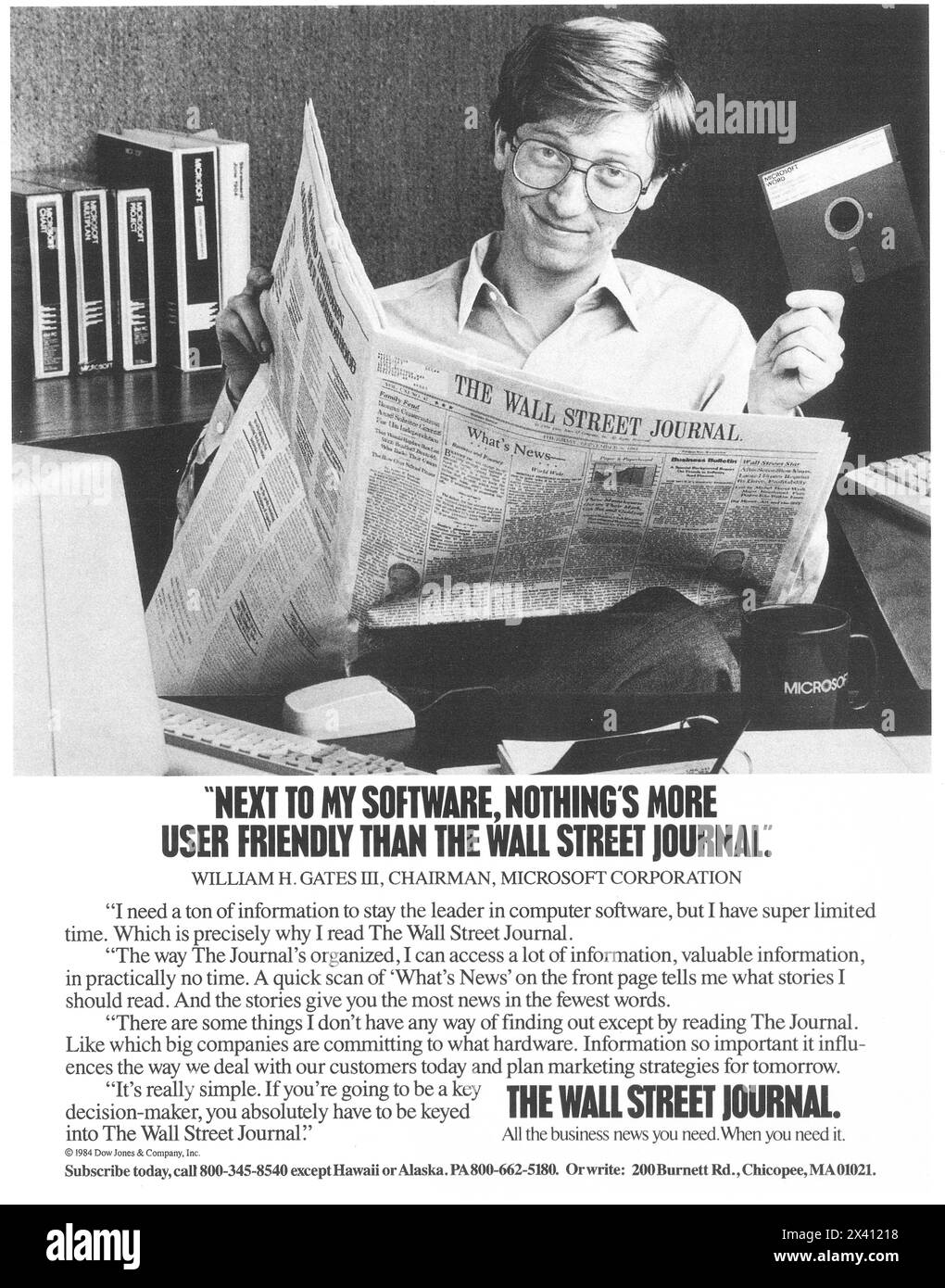 1984 Bill Gates für eine Werbeanzeige im Wall Street Journal – „Neben meiner Software gibt es nichts benutzerfreundlicheres... alle Geschäftsnachrichten, die du brauchst.“ Stockfoto