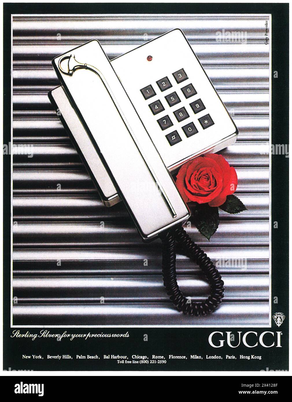 1980 GUCCI Сhrome Telefon AD Stockfoto