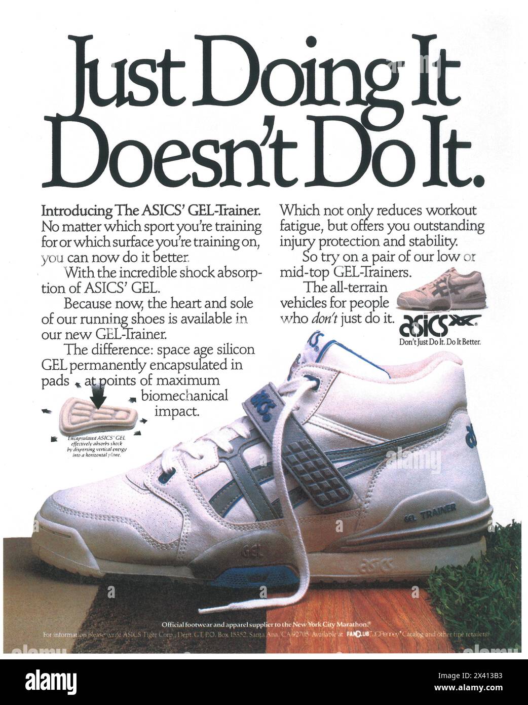 1989 ASICS GELTRAINER Cross Trainer Schuh Werbung Stockfoto