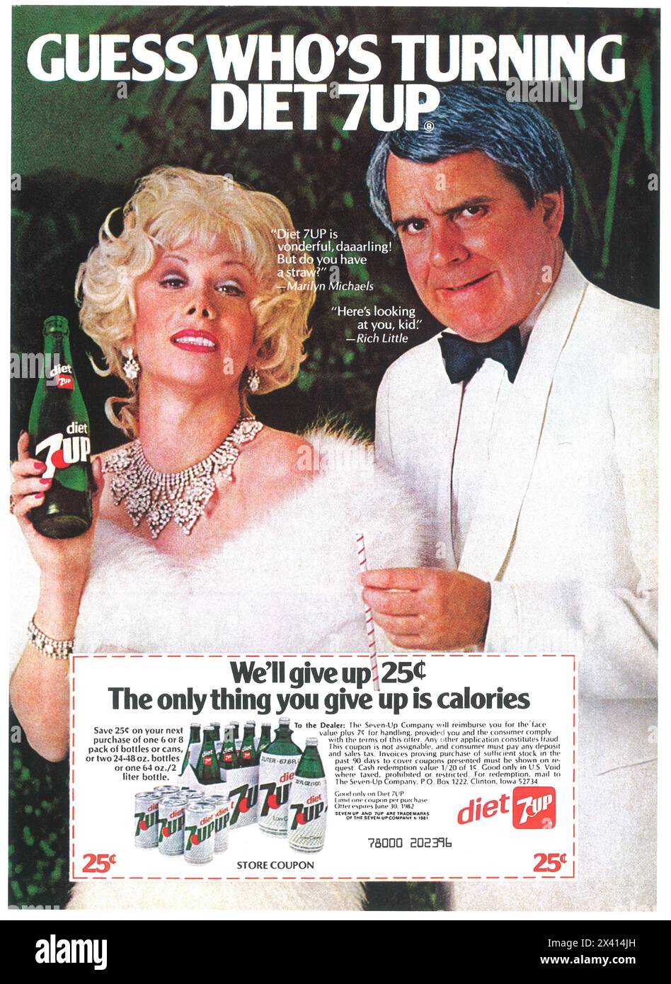 1982 DIET 7up Werbespot mit Marilyn Michaels & Rich Little Stockfoto