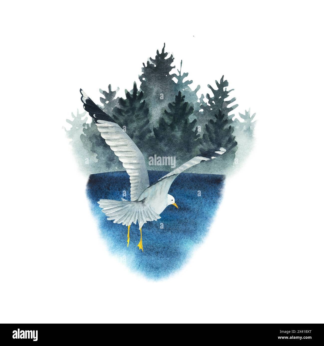 Fliegendes Aquarell Möwenkompositionsdruck isoliert auf weißem Hintergrund. Handgezeichnete Illustration zum Thema Seefischerei. Nebelige Tannen, Wasser Stockfoto