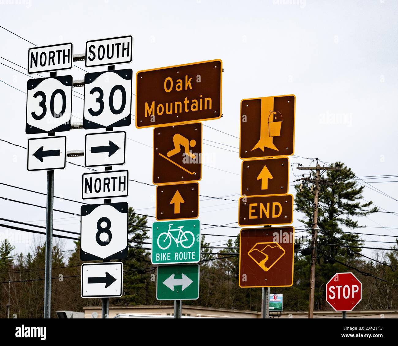 Eine Reihe von Schildern an den Four Corners of Speculator, NY, die Autobahnanweisungen und Sehenswürdigkeiten anzeigen. Stockfoto