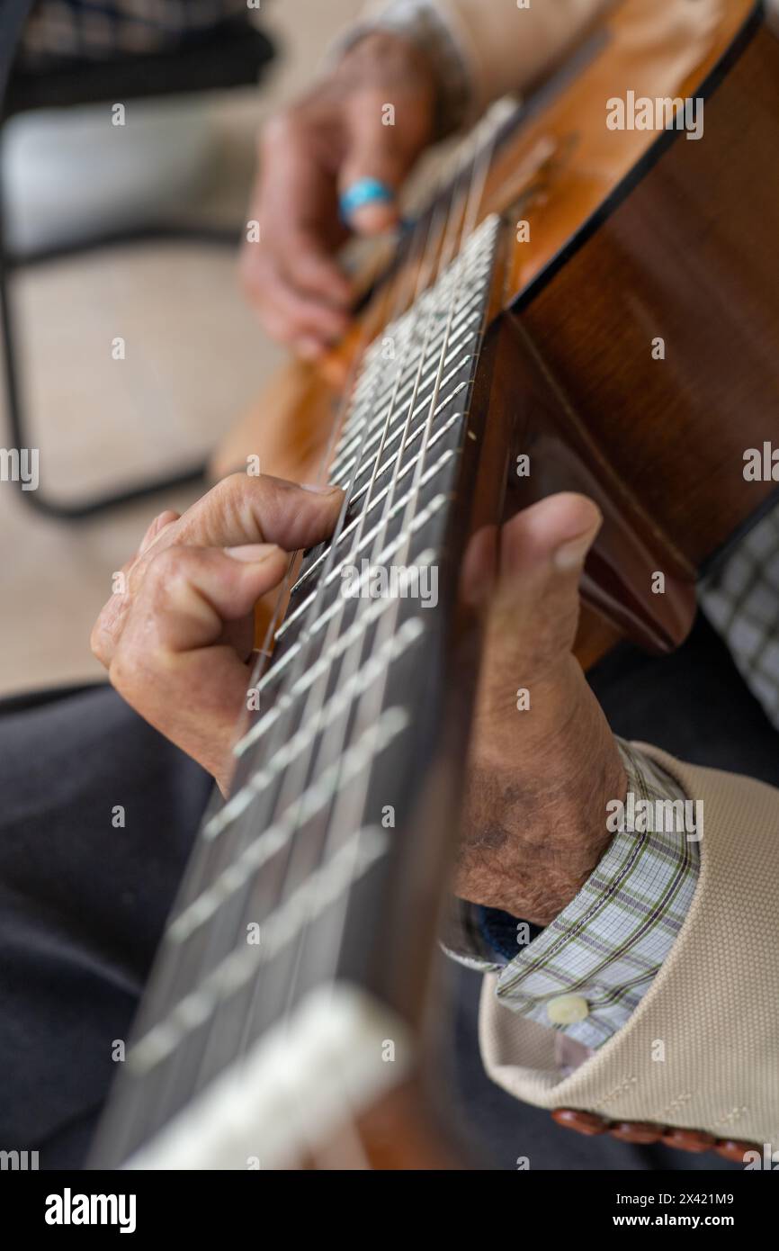 Gesang mit Gitarre, Musikinstrument mit Streichern, Künstlerstil, Details von Objekten als Hintergrund, Unterhaltung Stockfoto