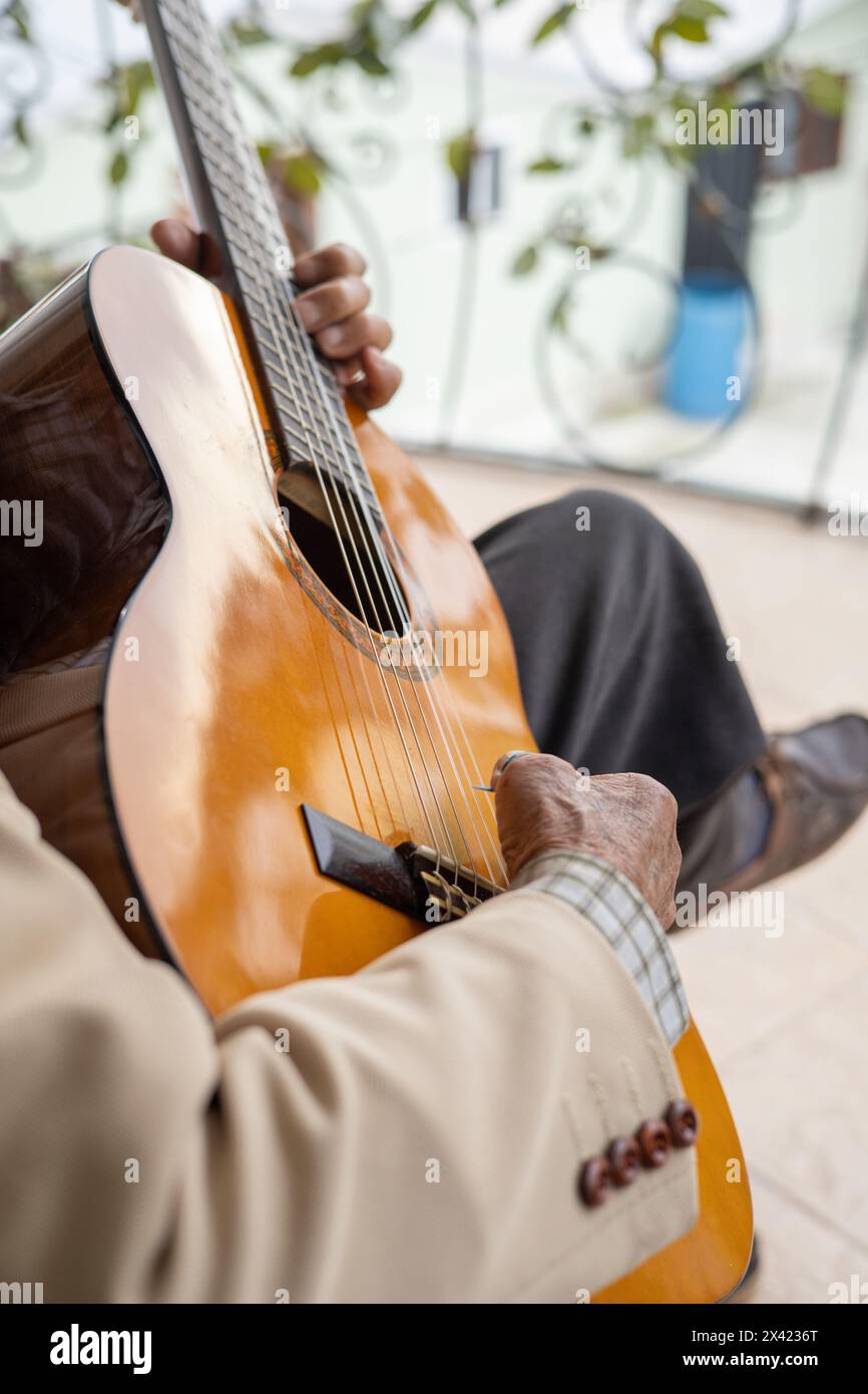 Textur eines Musikinstruments mit Streichern, Unterhaltung und klassischer Musik, Künstler- und Lifestyle-Hintergrund, Unterhaltung und Hobby, Lieder Stockfoto