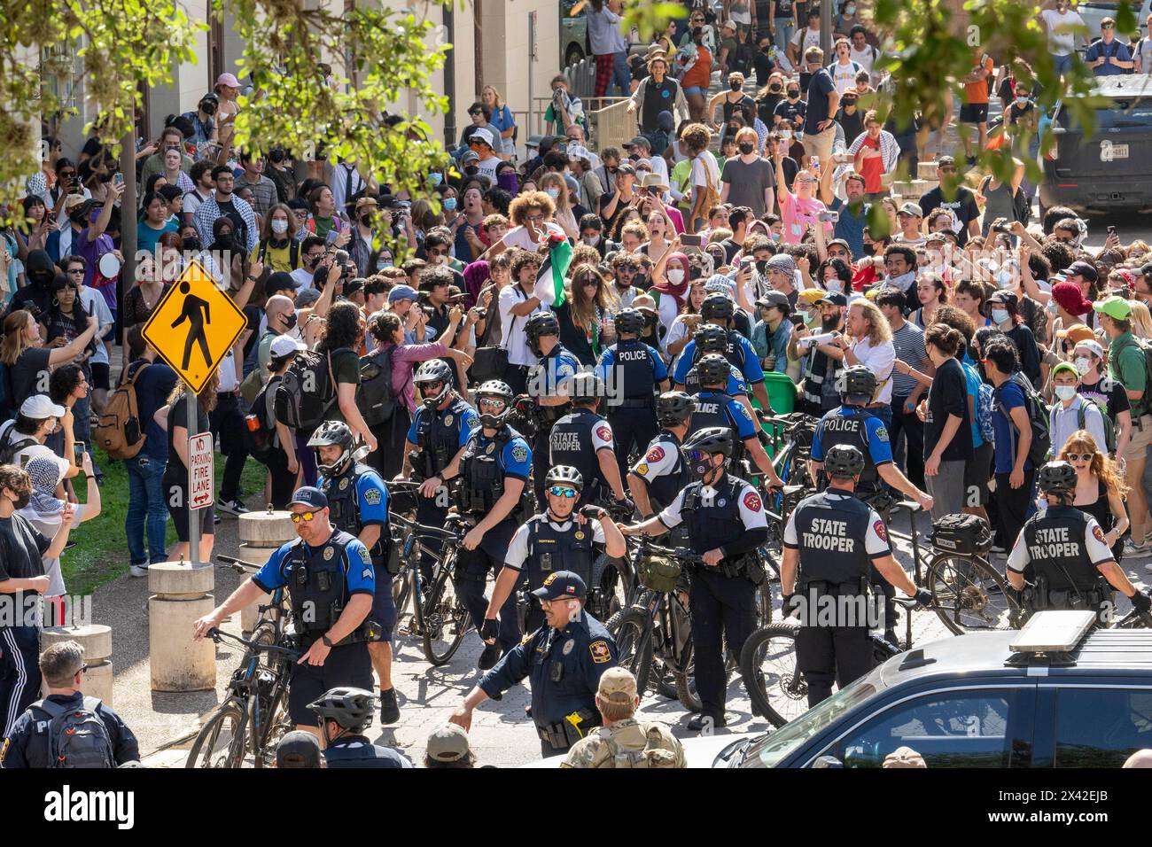 Austin, Texas, USA, 29. April 2024: Fahrradpolizisten greifen auf pro-palästinensische Demonstranten an der University of Texas in Austin ein. Der Campus wurde an einem dritten Tag in Folge von Demonstrationen erschüttert, als Dutzende Studenten und Unterstützer versuchten, eine Zeltstadt in der Nähe des Hauptverwaltungsgebäudes zu errichten. Texas State Truppe, Austin Polizei und UT Polizei haben Dutzende von Festnahmen gemacht. Quelle: Bob Daemmrich/Alamy Live News Stockfoto
