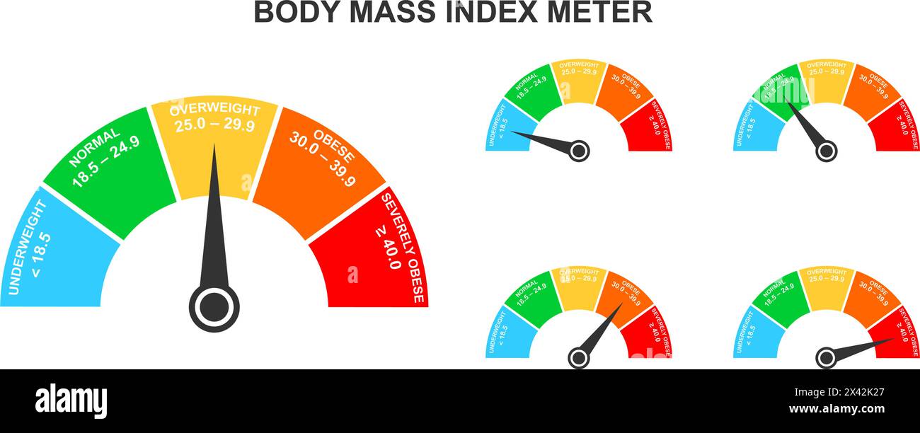 Body-Mass-Index-Messgeräte. Satz Infografik-BMI-Dashboards mit Pfeilen. Gewichtsmesswaagen mit Untergewicht, Normal, Übergewicht und Adipositas. Illustration der Vektorabwicklung. Stock Vektor