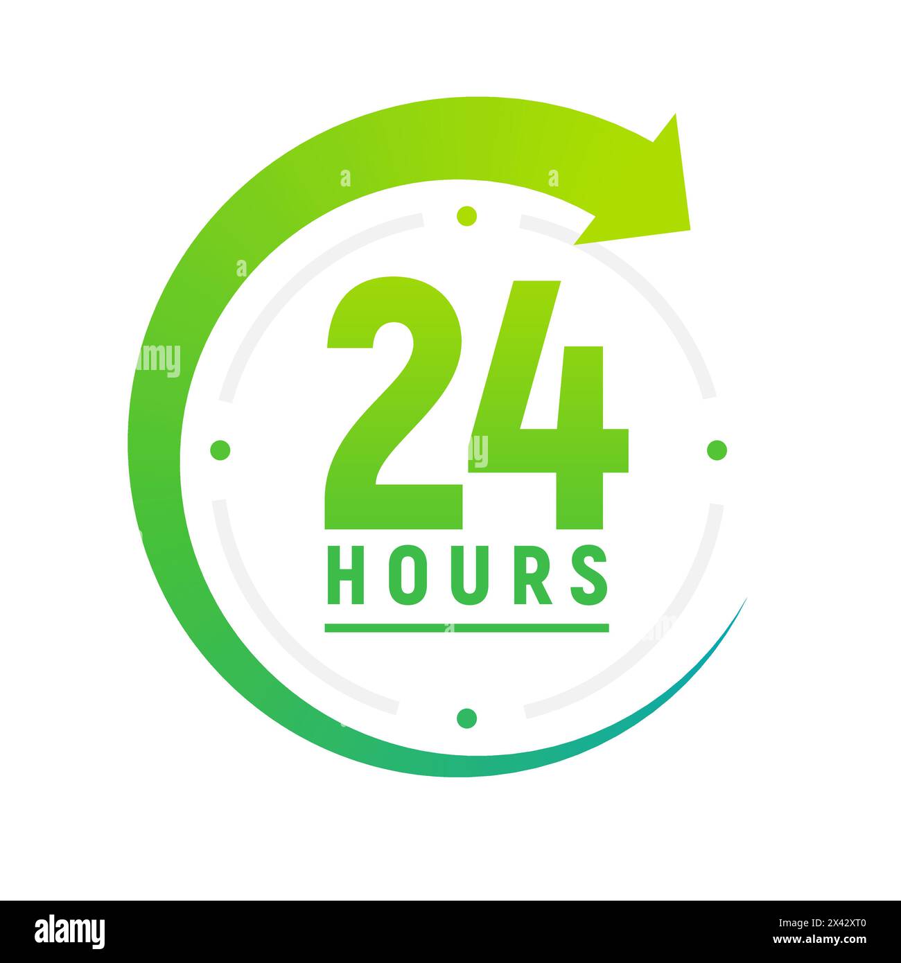 Symbol für 24 Stunden am Tag. Grünes Uhrensymbol um die Arbeit herum. Service-Zeit-Support 24 Stunden pro Tag. Stock Vektor
