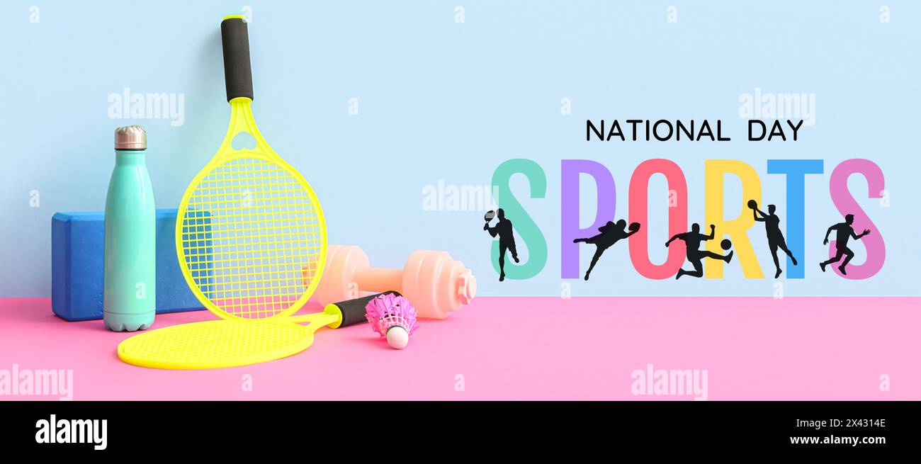 Banner für den nationalen Sporttag mit unterschiedlicher Ausrüstung Stockfoto