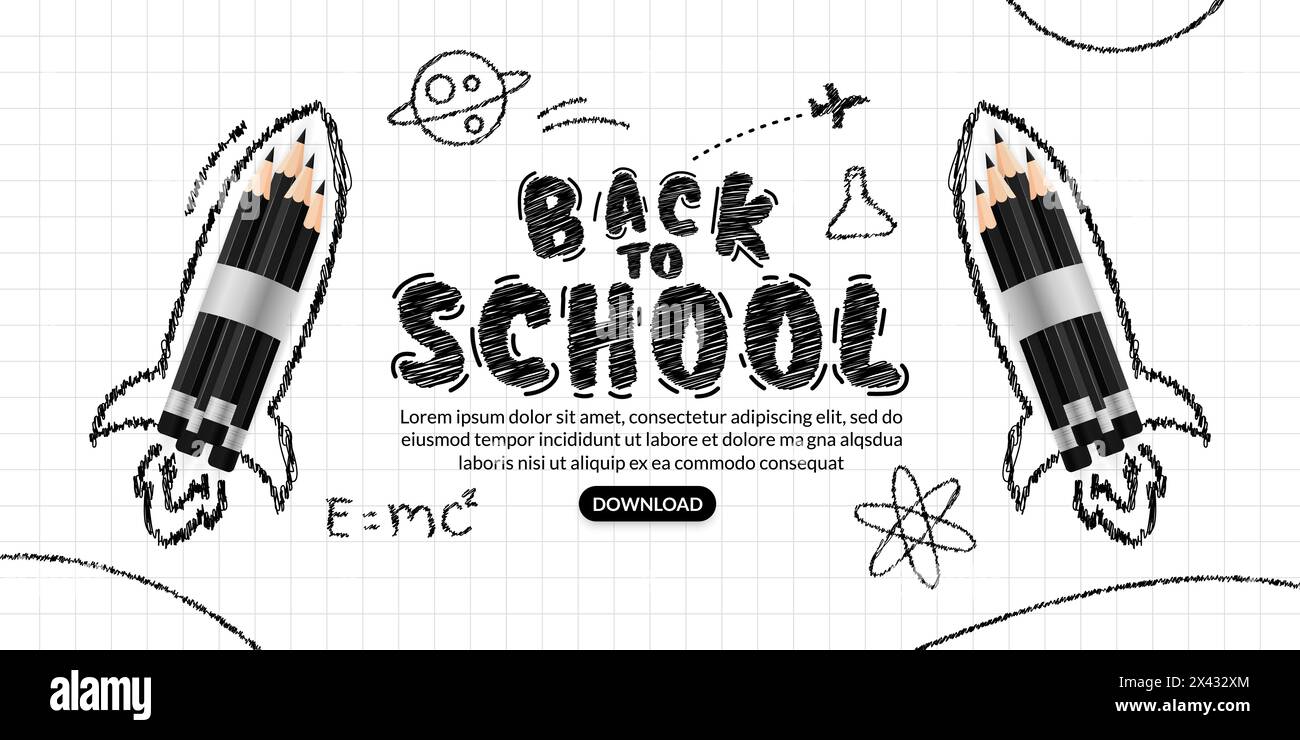 Realistischer, schwarzer Raketenabschuss-Hintergrund, Willkommen zurück in der Schule Kritzeltext Stock Vektor