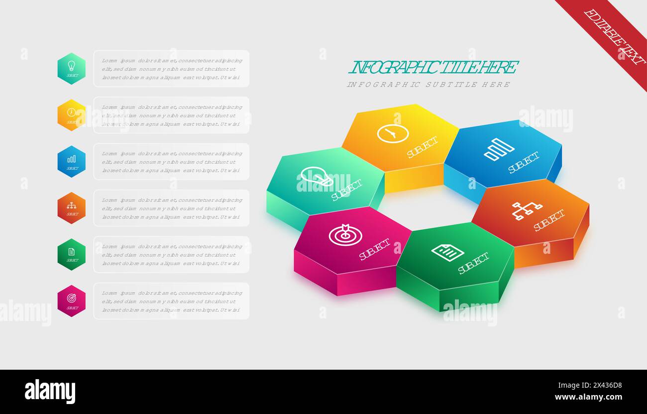 Isometrische Infografik Farbverlauf Sechseck Objektvorlage Elementdesign Vektorsymbol Darstellung bearbeitbarer Text Stock Vektor