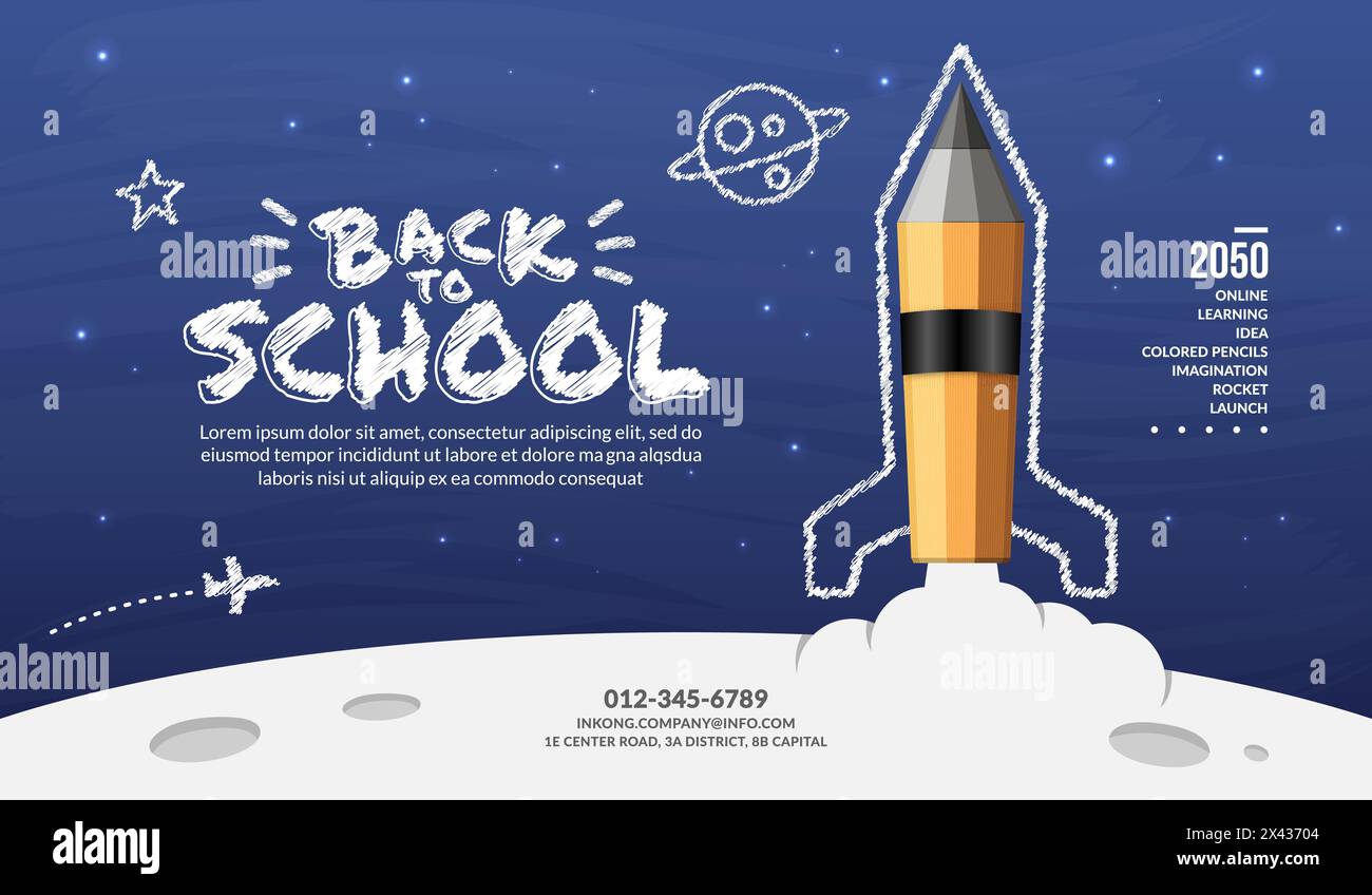 Die Pencil-Rakete startet in den Weltraum-Hintergrund, Konzept der Rückkehr in die Schule Stock Vektor