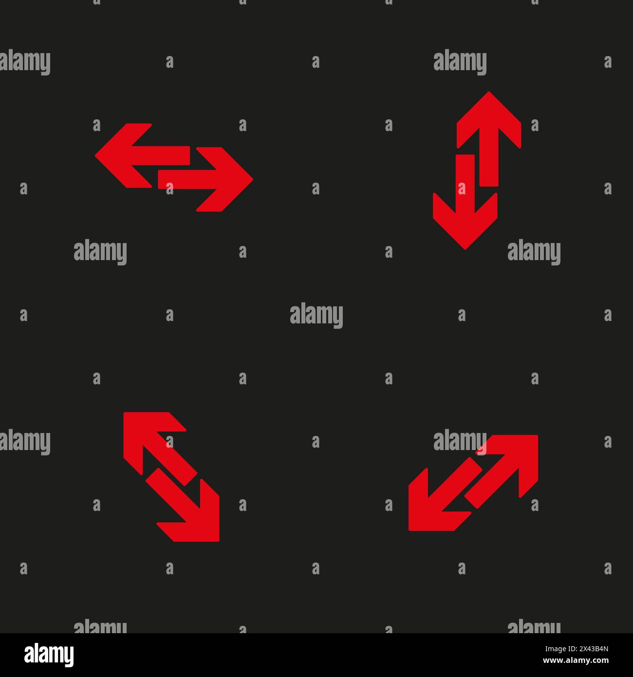 Satz roter Richtungspfeile. Vektornavigationssymbole. Blinker nach oben, unten, links, rechts. Stock Vektor