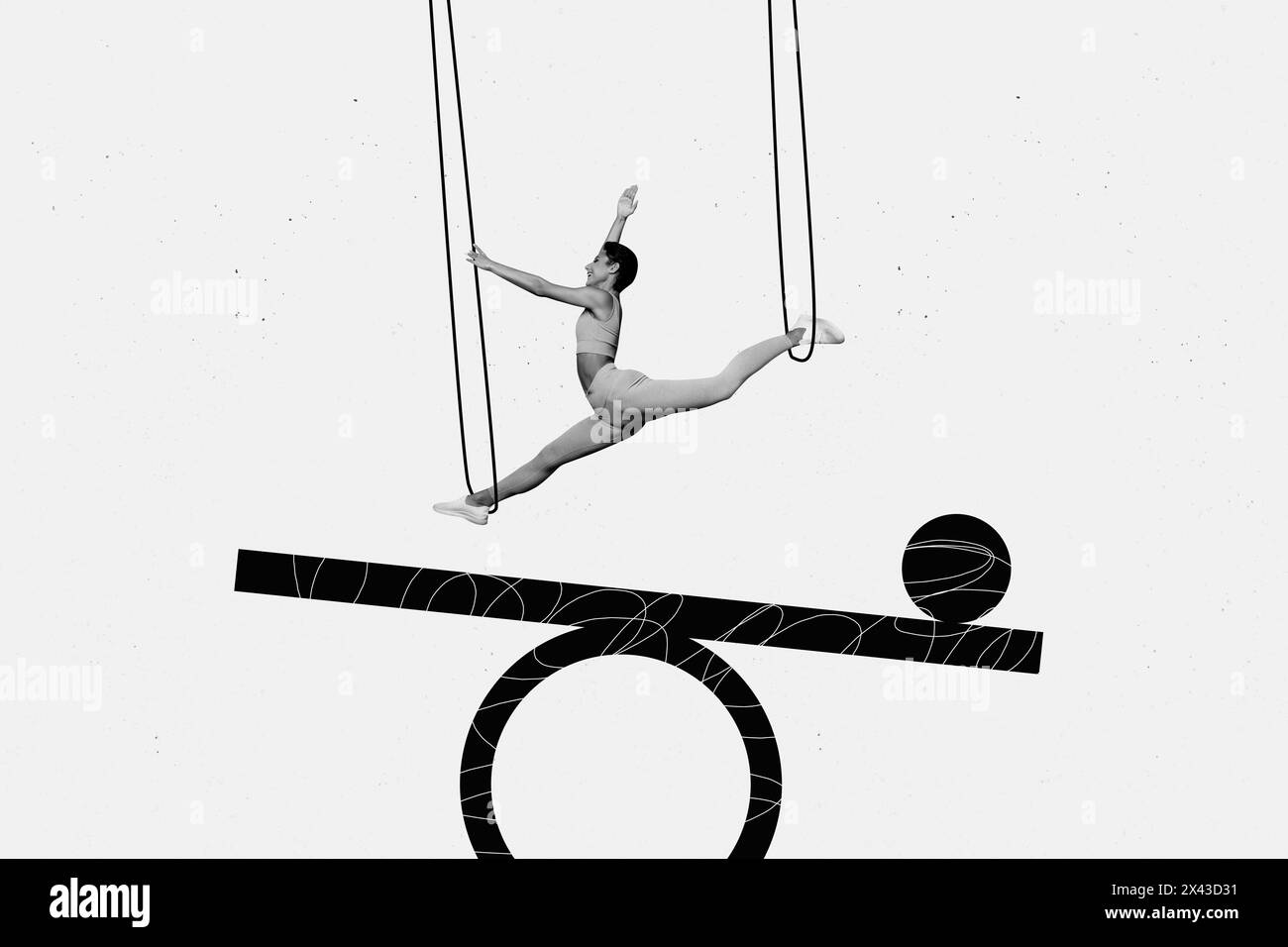 Foto Collage Composite Artwork Skizzenbild der jungen Turnerin Mädchen Jump fly Yoga Seil halten Balance Gymnastik Training Schaukeln Stockfoto