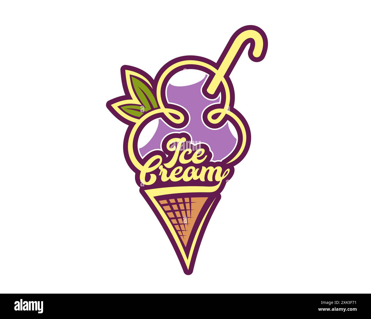 Lila Eiscreme Waffelkegel Icon des Eisdesserts für Gelateria-Zeichen, Vektor-Emblem. Violettes Eis, drei Kugeln in Waffelkegel mit Schriftbuchstaben für italienisches Eis- oder Eiscafé-Menü Stock Vektor