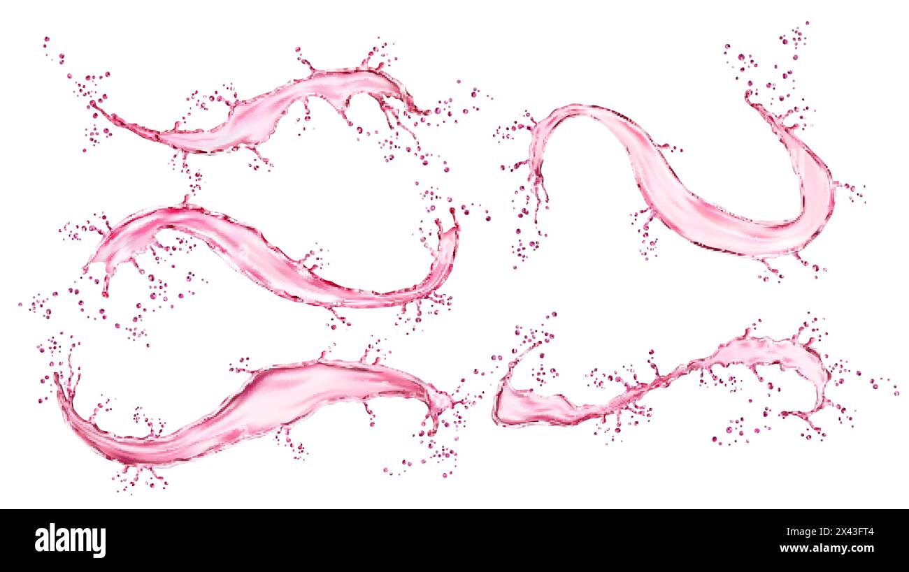 Realistisches rosafarbenes Spritzen und Strömen. Lebendige dynamische Wellen und faszinierende Jets isolierter 3D-Vektorsatz. Flüssiger Wein oder Saft, der ein Gefühl von Fließfähigkeit und lebendiger Energie in einem visuellen Spektakel hervorruft Stock Vektor