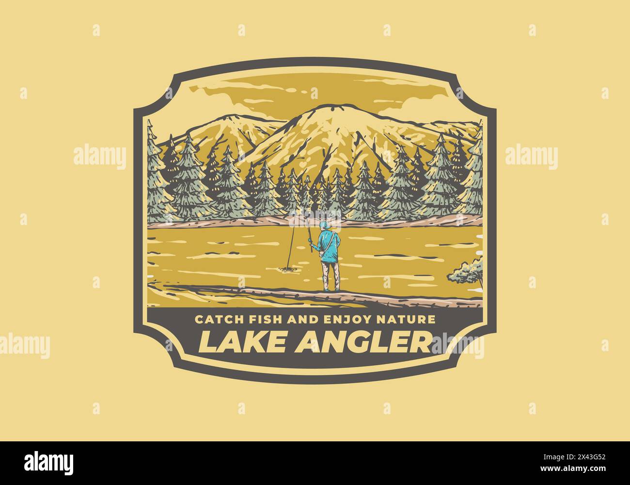 Vintage-Illustration-Abzeichen eines Mannes, der auf dem See mit Blick auf den Wald und die Berge fischt Stock Vektor