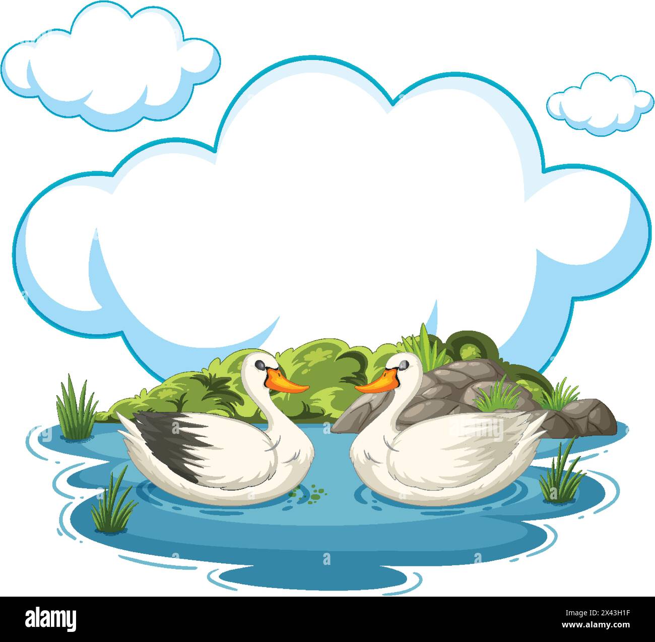 Zwei Enten, die auf dem Wasser schweben, mit Wolken darüber Stock Vektor