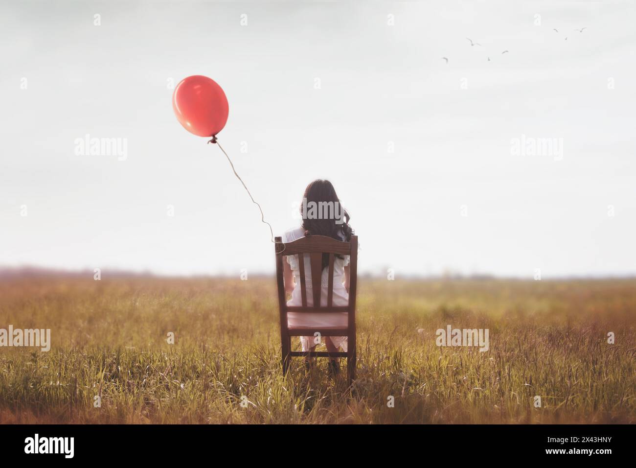 Frau, die von hinten auf einem Feld sitzt, mit einem roten Ballon, abstraktes Konzept Stockfoto