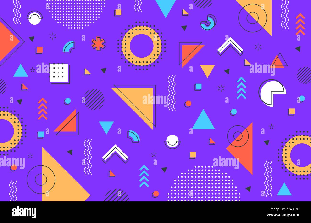 Lila violette Hipster Memphis Muster Hintergrund mit abstrakten geometrischen Formen des Vektors. Modernes oder Retro-Memphis-Muster aus minimalen Linienfiguren und geometrischen Elementen aus Rasterpunkten und Dreiecken Stock Vektor