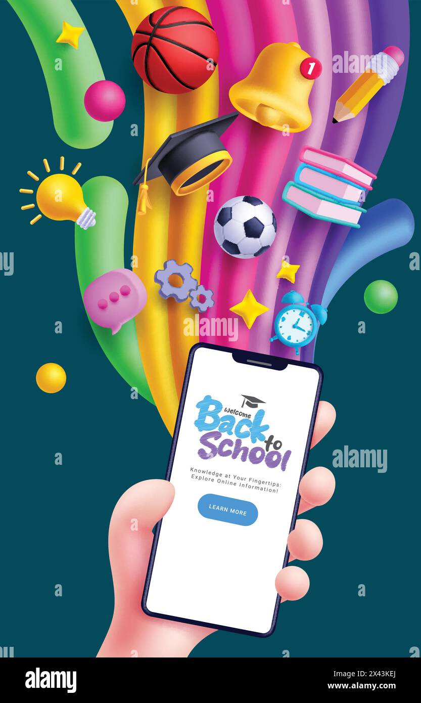 Online-Vektordesign für die Schule. Begrüßungstext zur Schulansprache mit Mobiltelefon e-Lernprogramm für Fernunterricht Stock Vektor