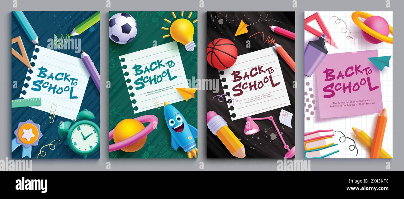 Back-to-School-Vektor-Poster-Design. Back to School Text Gruß mit Uhr, Farbstift, Rakete und Papier für pädagogische Flyer Stock Vektor