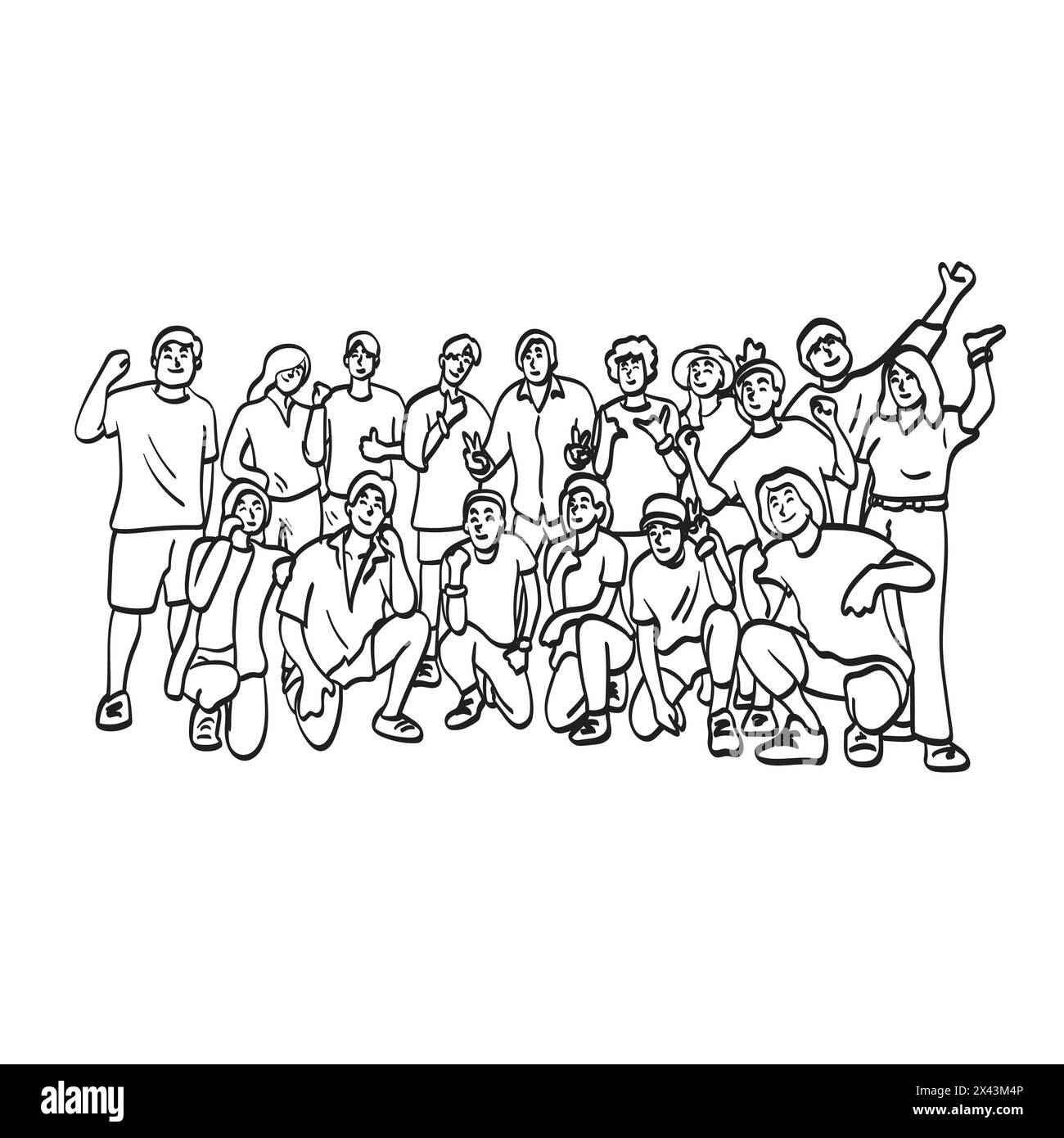 Sechzehn Menschen sitzen und stehen zusammen, um Glücksspiel Illustration Vektor Hand gezeichnet auf weißem Hintergrund Stock Vektor