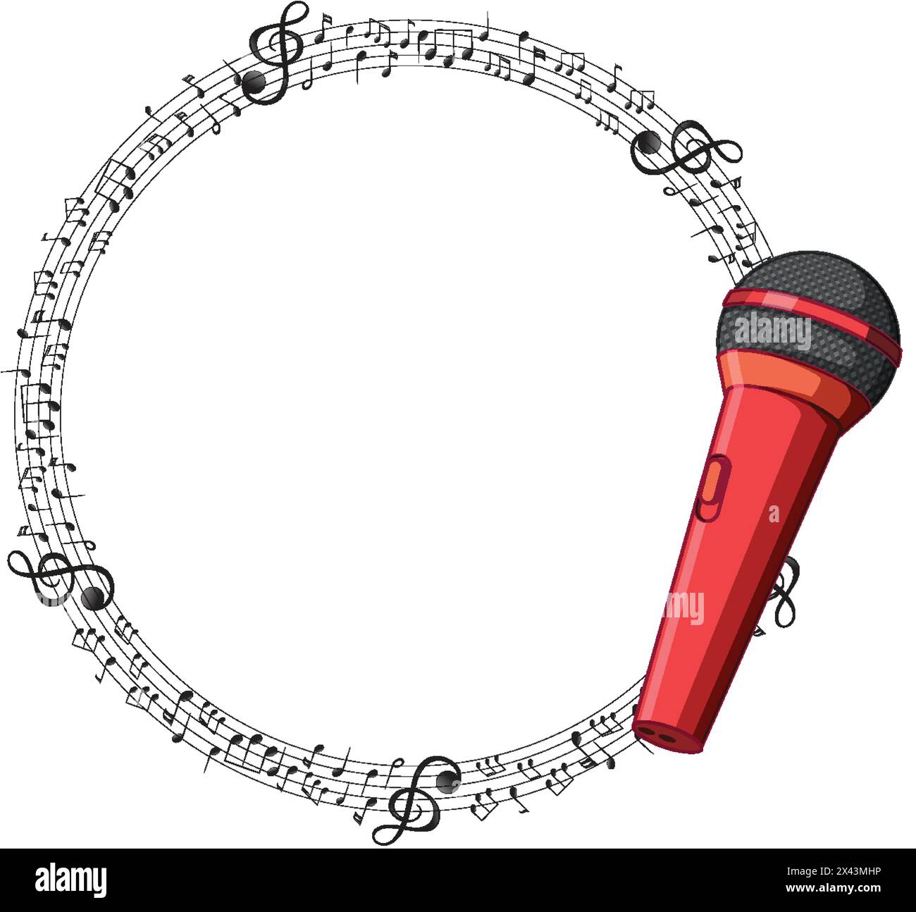 Rotes Mikrofon, umgeben von einem Kreis von Musiknoten Stock Vektor