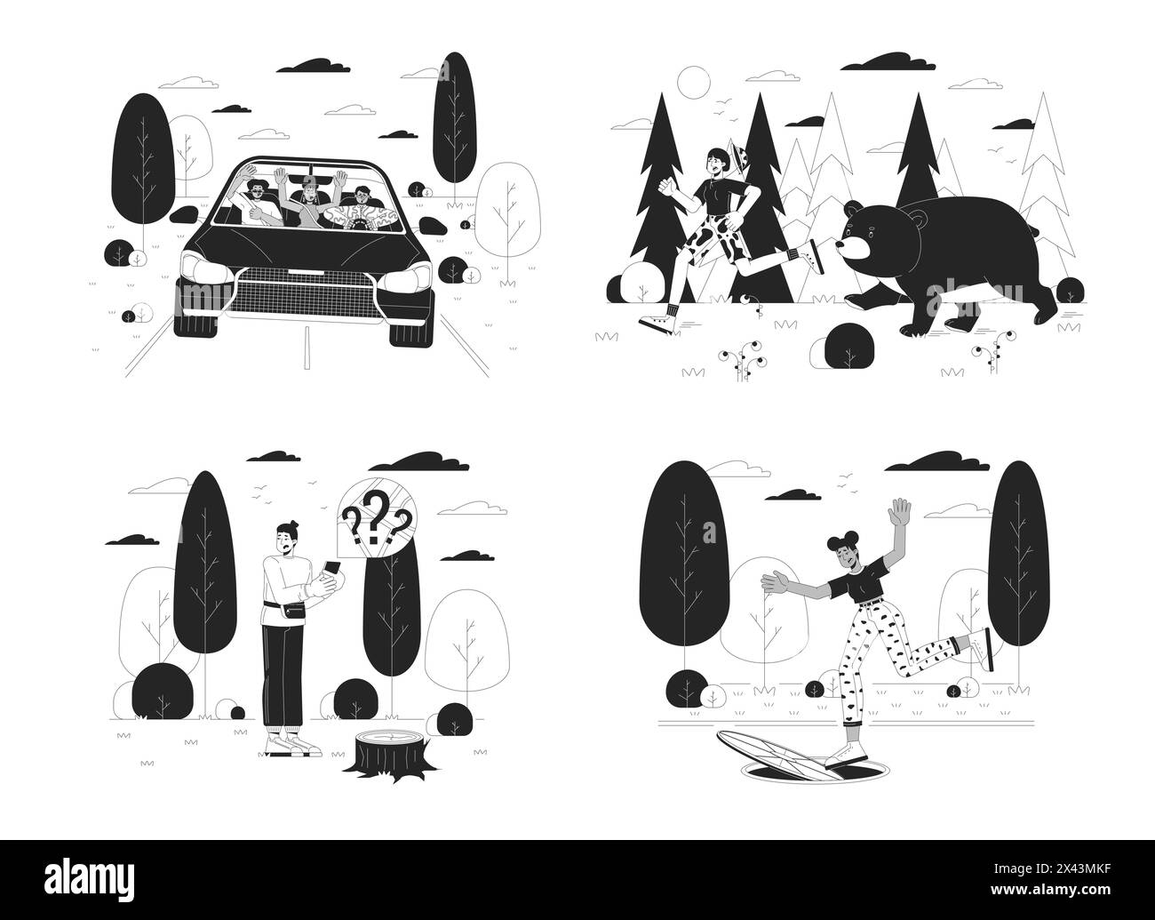Menschen, die Unfälle überleben, Schwarzweiß-Zeichentrickfilm-Flachbild-Illustration-Set Stock Vektor