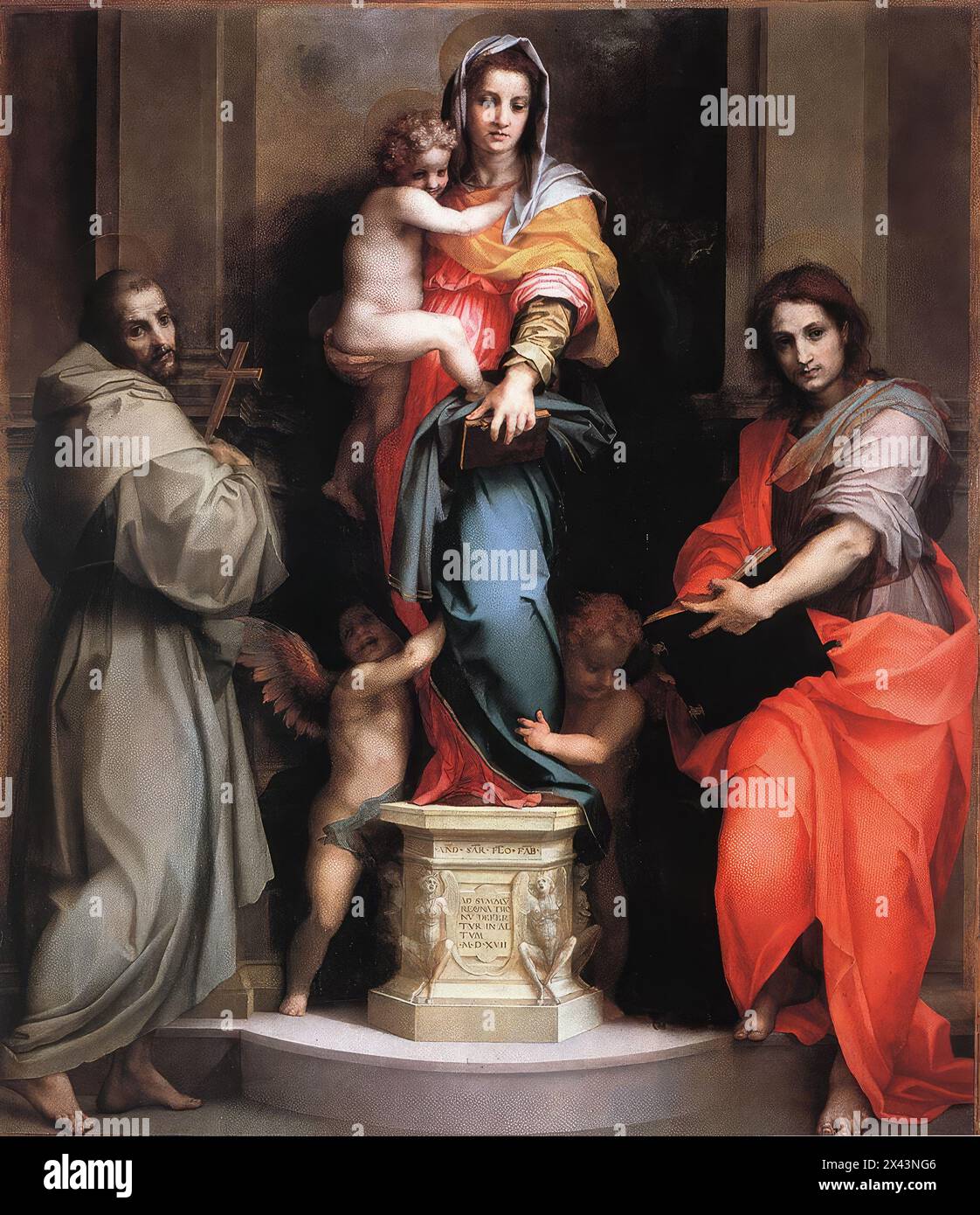 ANDREA DEL SARTO (* 1486, Firenze, d. 1530, Firenze) Madonna der Harfen 1517 Öl auf Holz, 208 x 178 cm Galleria degli Uffizien, Florenz das vielleicht berühmteste Werk Andreas del Sartos ist der Altarbild für die Nonnen von San Francesco dei Macci, bekannt als die Madonna der Harpyien. Gemäß dem am 14. Mai 1515 unterzeichneten Vertrag sollte das Bild die Madonna und das Kind darstellen, gekrönt von zwei Engeln und flankiert von Johannes dem Evangelisten und St. Bonaventure, und innerhalb eines Jahres geliefert werden. Das Werk stammt aus dem Jahr 1517 und zeigt den Heiligen Johannes den Evangelisten und den Heiligen Franziskus Stockfoto