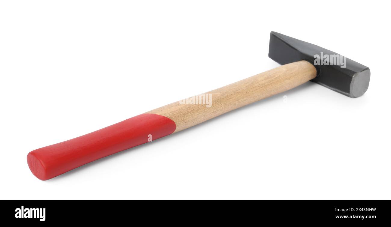 Neuer Hammer mit Holzgriff isoliert auf weiß Stockfoto