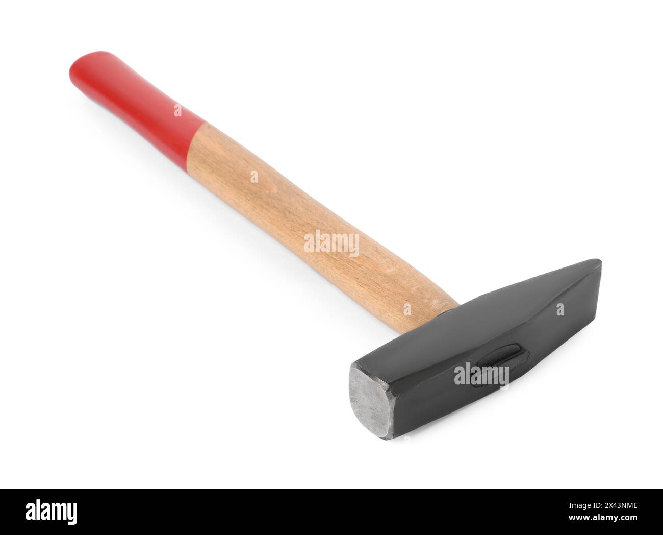 Neuer Hammer mit Holzgriff isoliert auf weiß Stockfoto