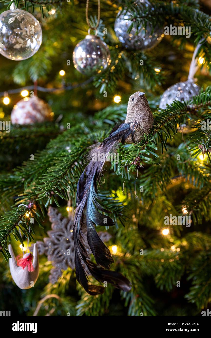 Vogelschmuck Baumdekoration zu Weihnachten in East Sussex Home, Südostengland, Großbritannien Stockfoto
