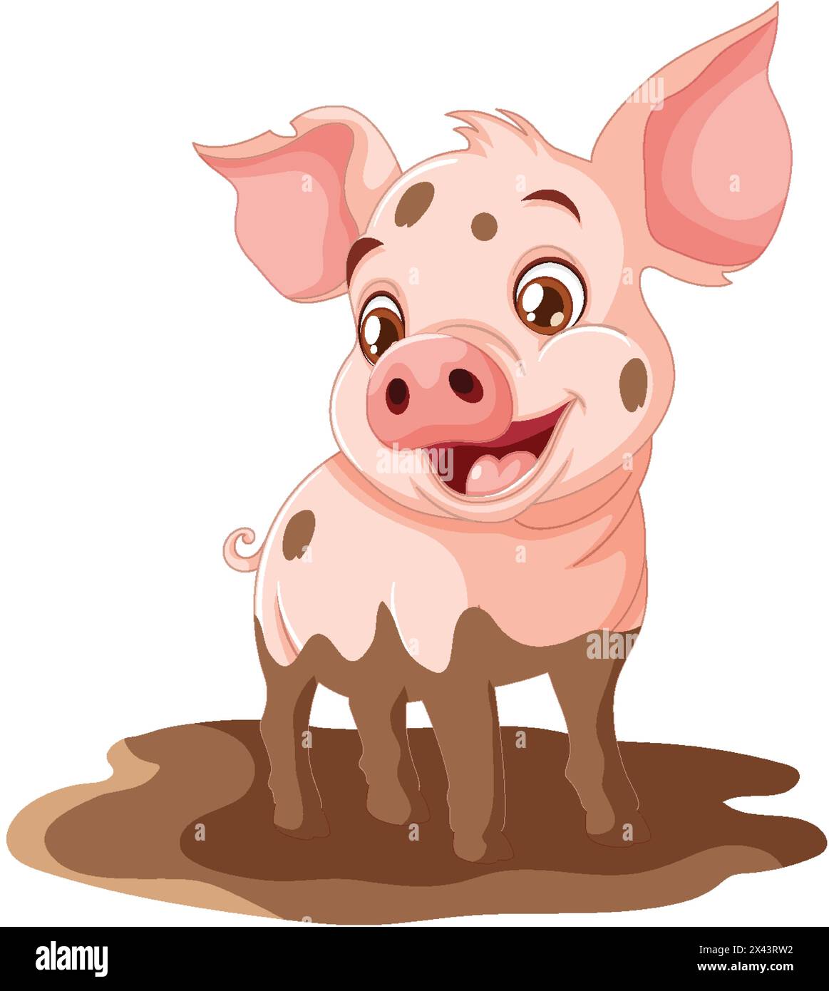 Fröhliches Comic Ferkel, das in einer Schlammpfütze steht. Stock Vektor