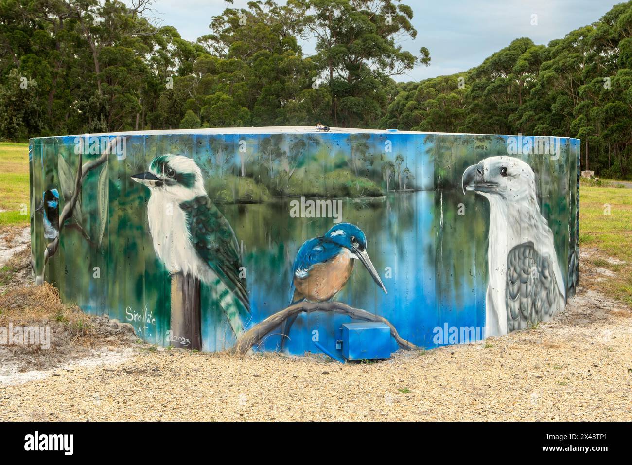 Einheimische Vögel Water Tank Art von Simon White, Bemm River, Victoria, Australien Stockfoto