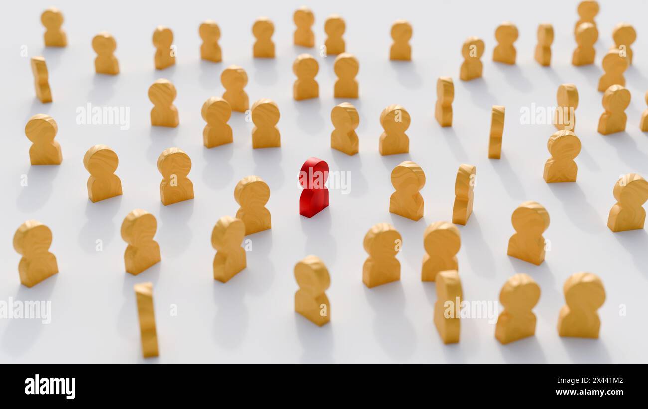 3D-Darstellung roter menschlicher Figuren unter Holzfiguren. Sozialbegriff als einsamer Mensch in der Gesellschaft Stockfoto