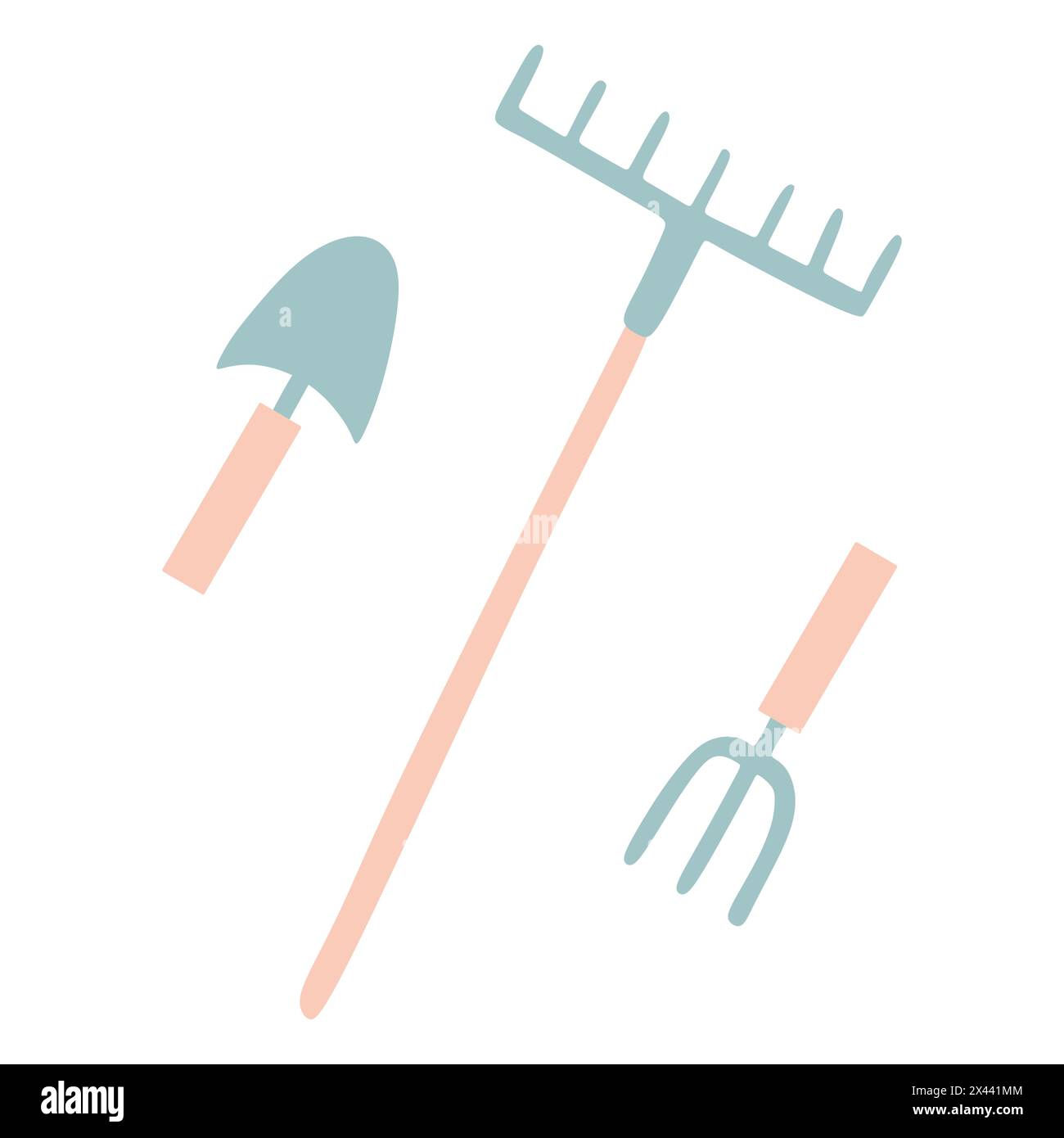 Symbole für Schaufeln oder Spaten, Rechen und Heugabeln auf weißem Hintergrund. Design-Set für flache Gartenwerkzeuge. Bunte Vektor-Cartoon-Illustration, Backyar Stock Vektor