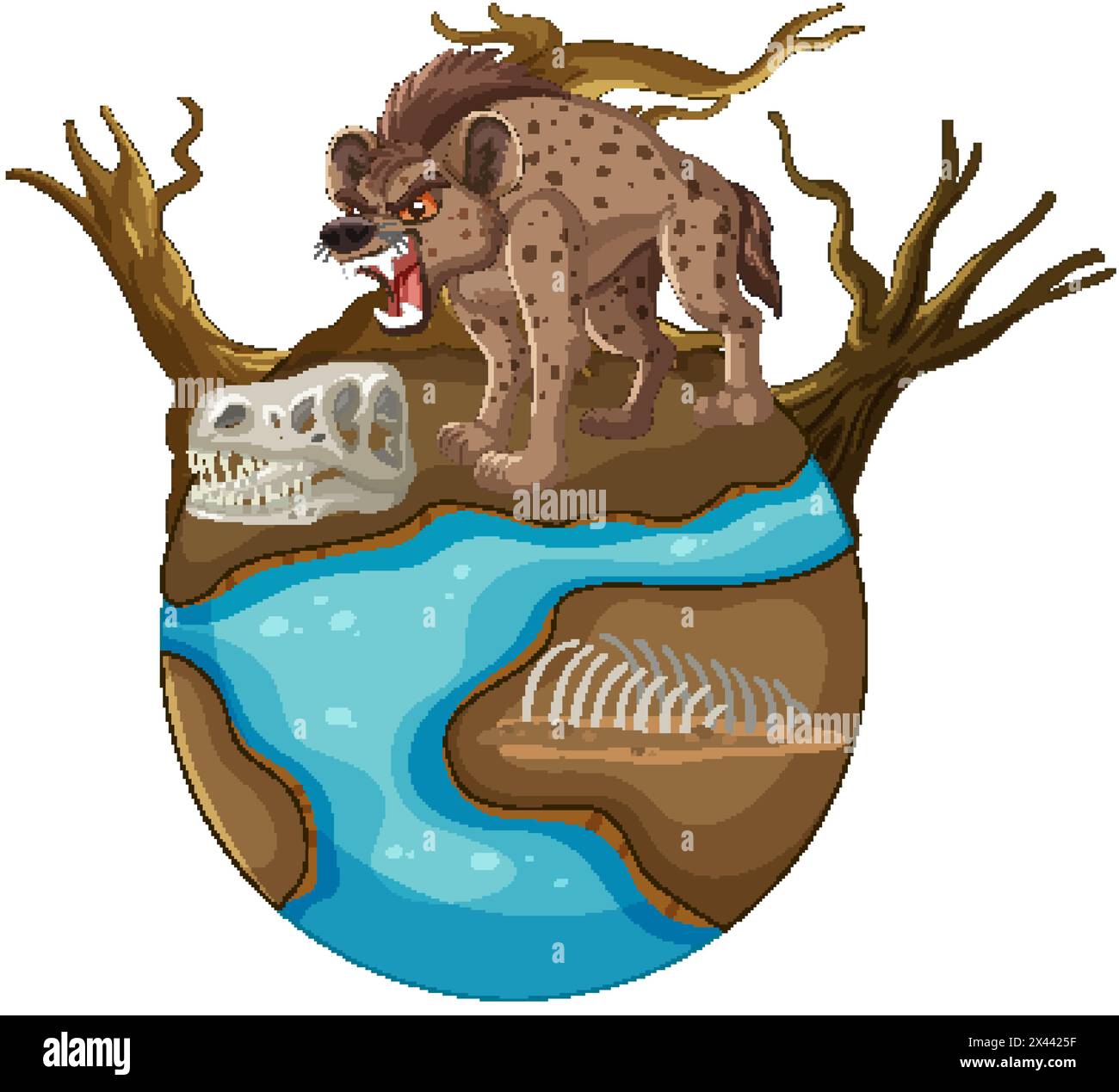Illustration einer Hyäne, die auf einem Baum über Wasser steht. Stock Vektor