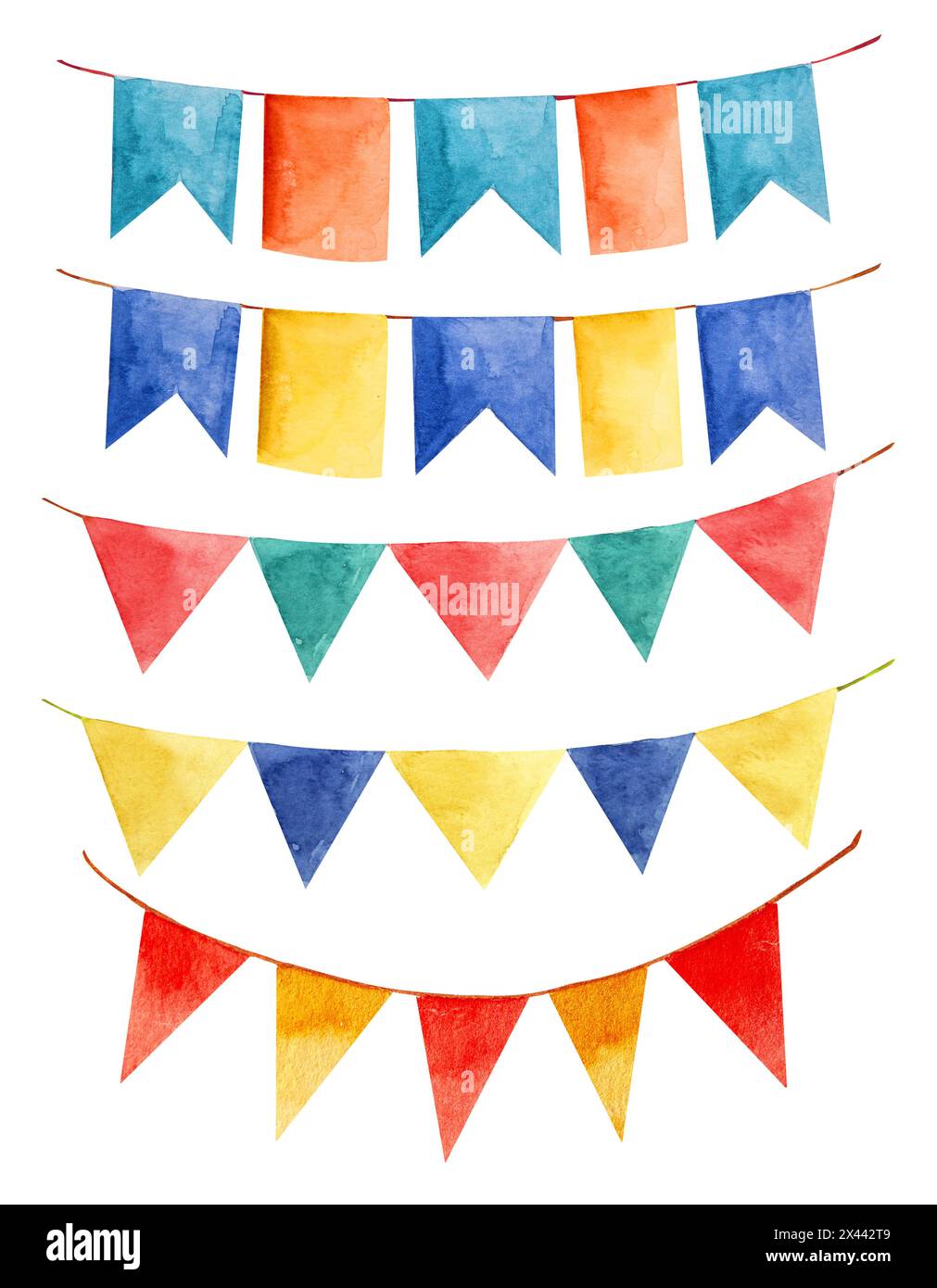 Geburtstagsparty, Flagge, Girlande, bunt, Illustration, Dekoration, blau, orange, gelb, rot, grün Stockfoto