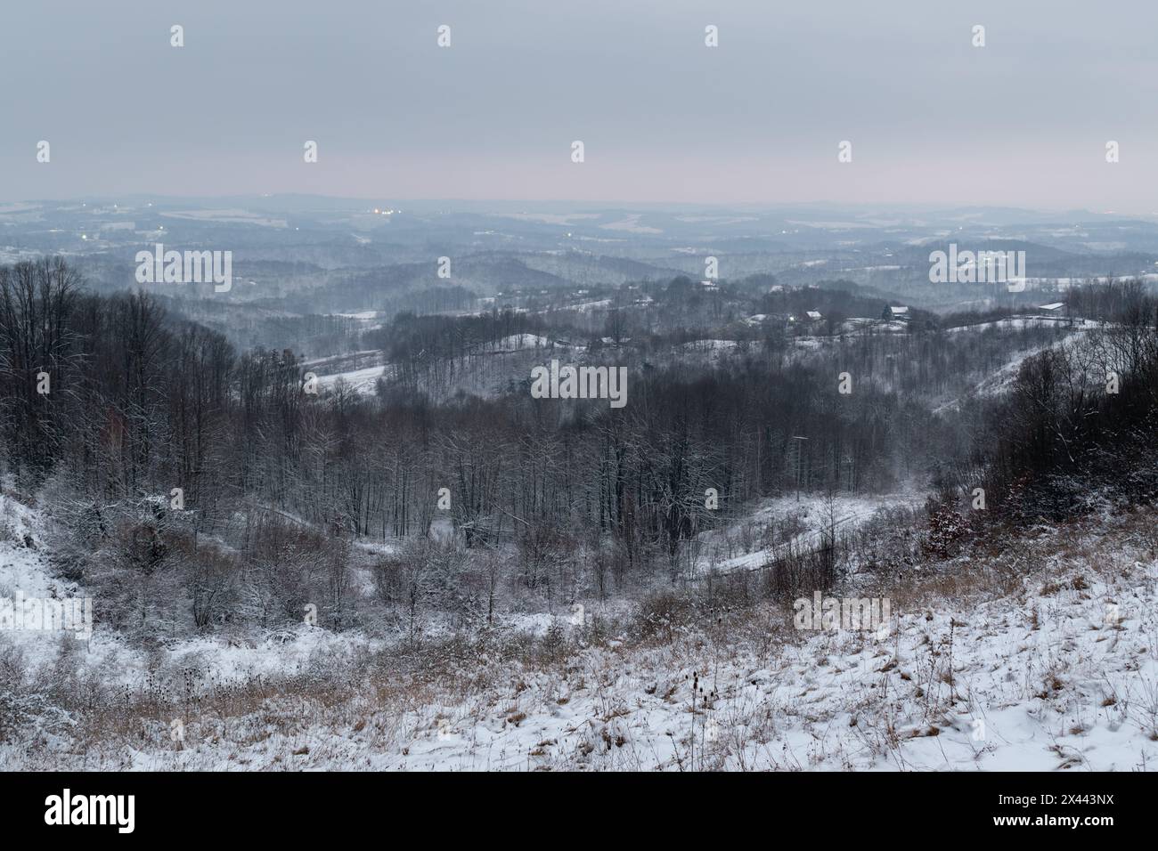 Hügelige Winterlandschaft mit Wald und verstreuten Dörfern, ruhige Landschaft an bewölkten, langweiligen Tagen Stockfoto